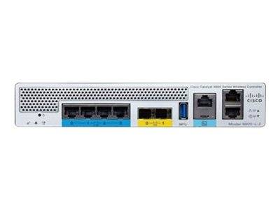 Rückansicht eines Cisco-Netzwerk-Switches mit mehreren Ethernet-Ports, USB-Port und Konsolen-/Verwaltungsports auf der Rückseite.