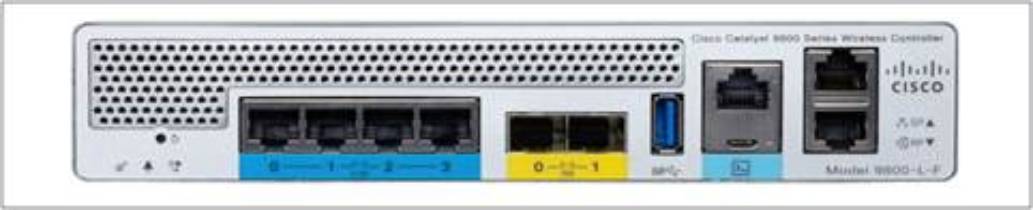 Cisco-Netzwerkgerät mit Frontplatte mit Lüftungslöchern, mehreren Ethernet-Anschlüssen, einem USB-Anschluss und Statusanzeigen.