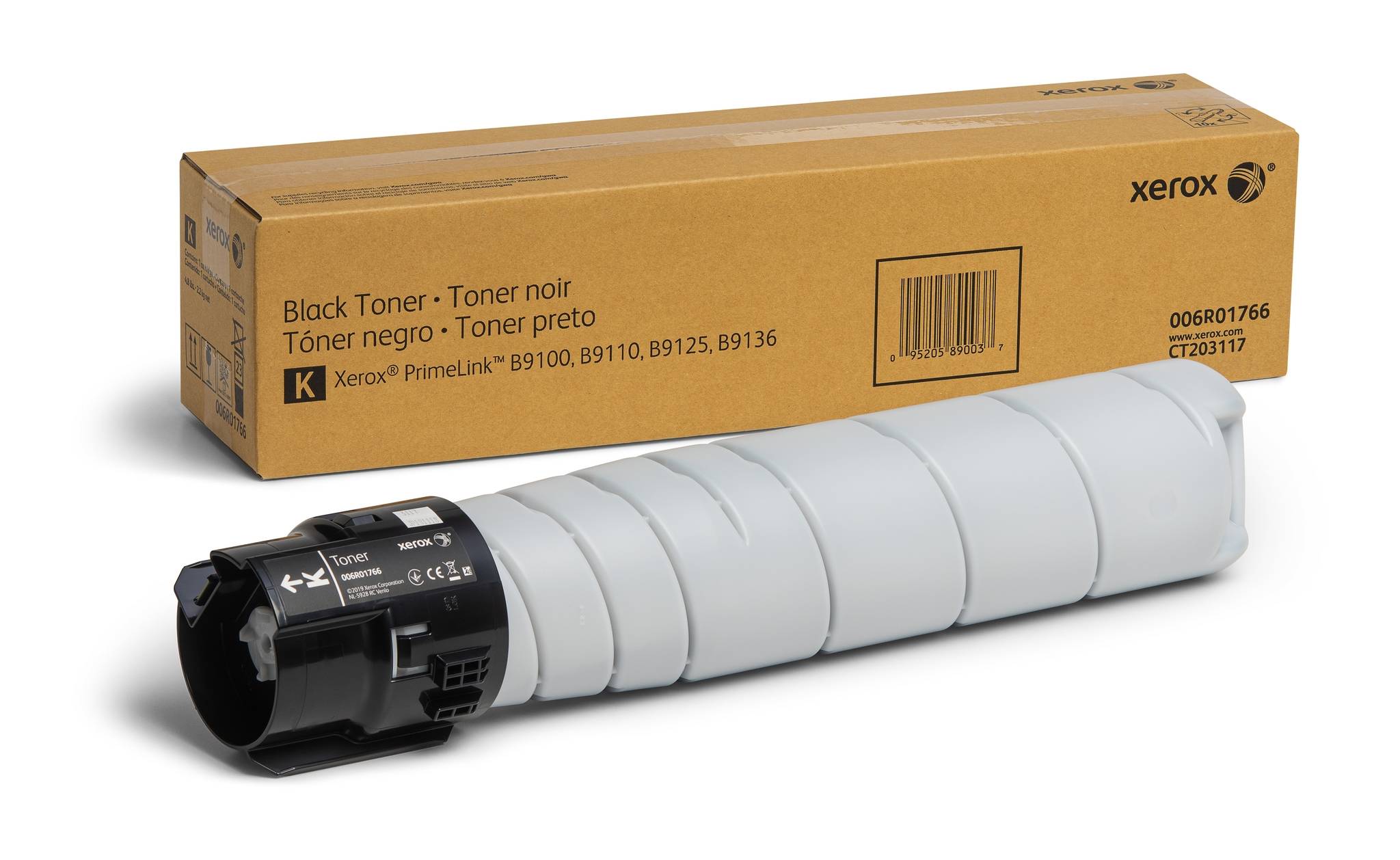 Xerox Schwarztonerpatrone, abgebildet mit ihrer Verpackungsschachtel.