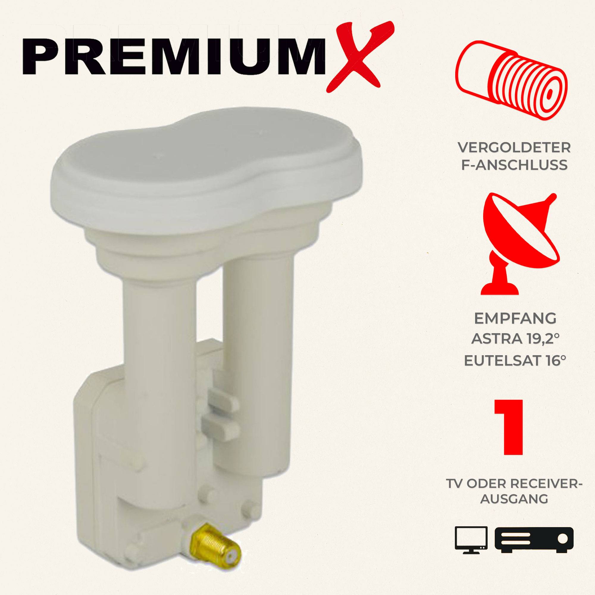 Premium X Monoblock Single LNB - für 1 Teilnehmer - 4K Full HD - mit Wetterschutz für Satellitenschüssel Astra 19,2° Ost Eutelsat 16° Ost Digita