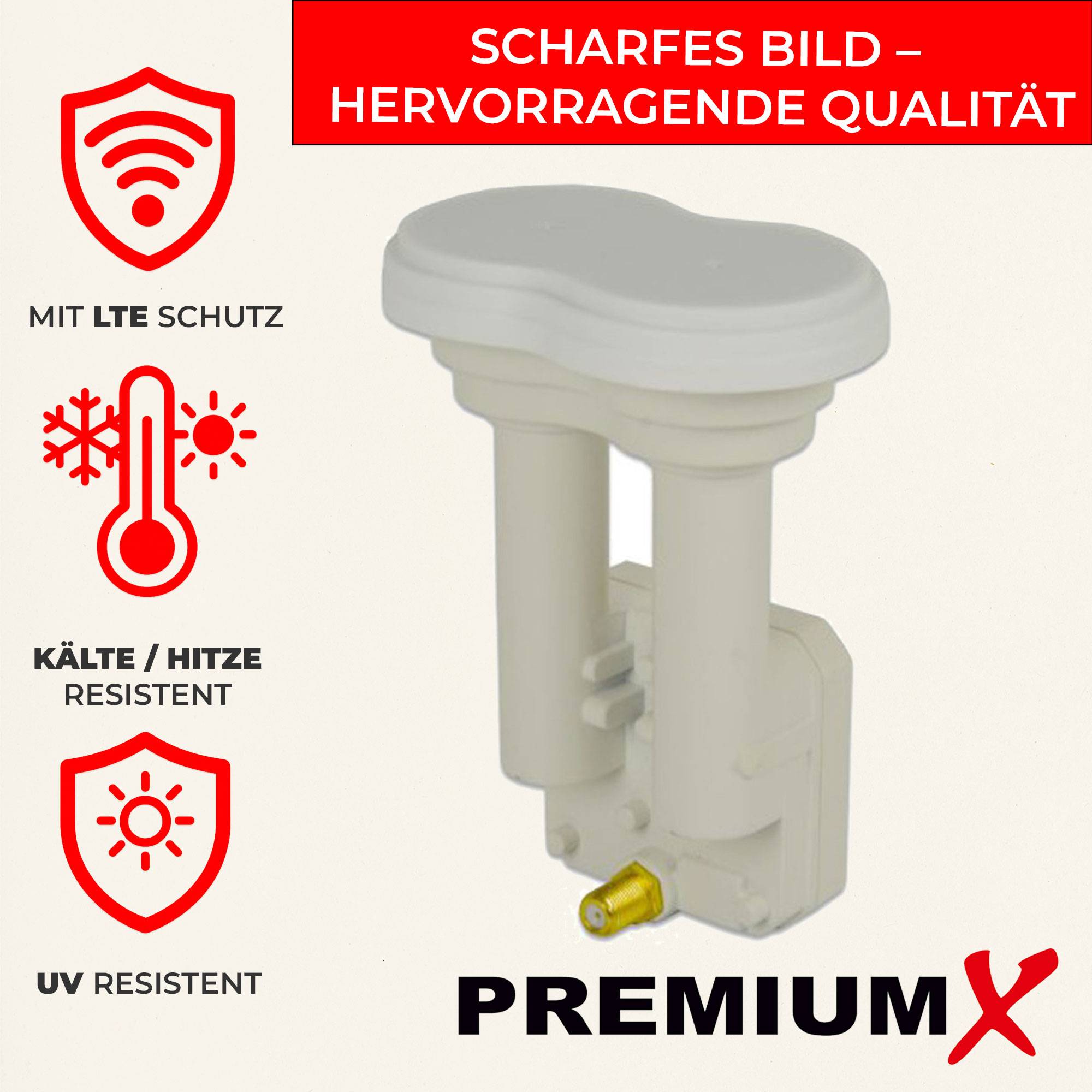 Premium X Monoblock Single LNB - für 1 Teilnehmer - 4K Full HD - mit Wetterschutz für Satellitenschüssel Astra 19,2° Ost Eutelsat 16° Ost Digita