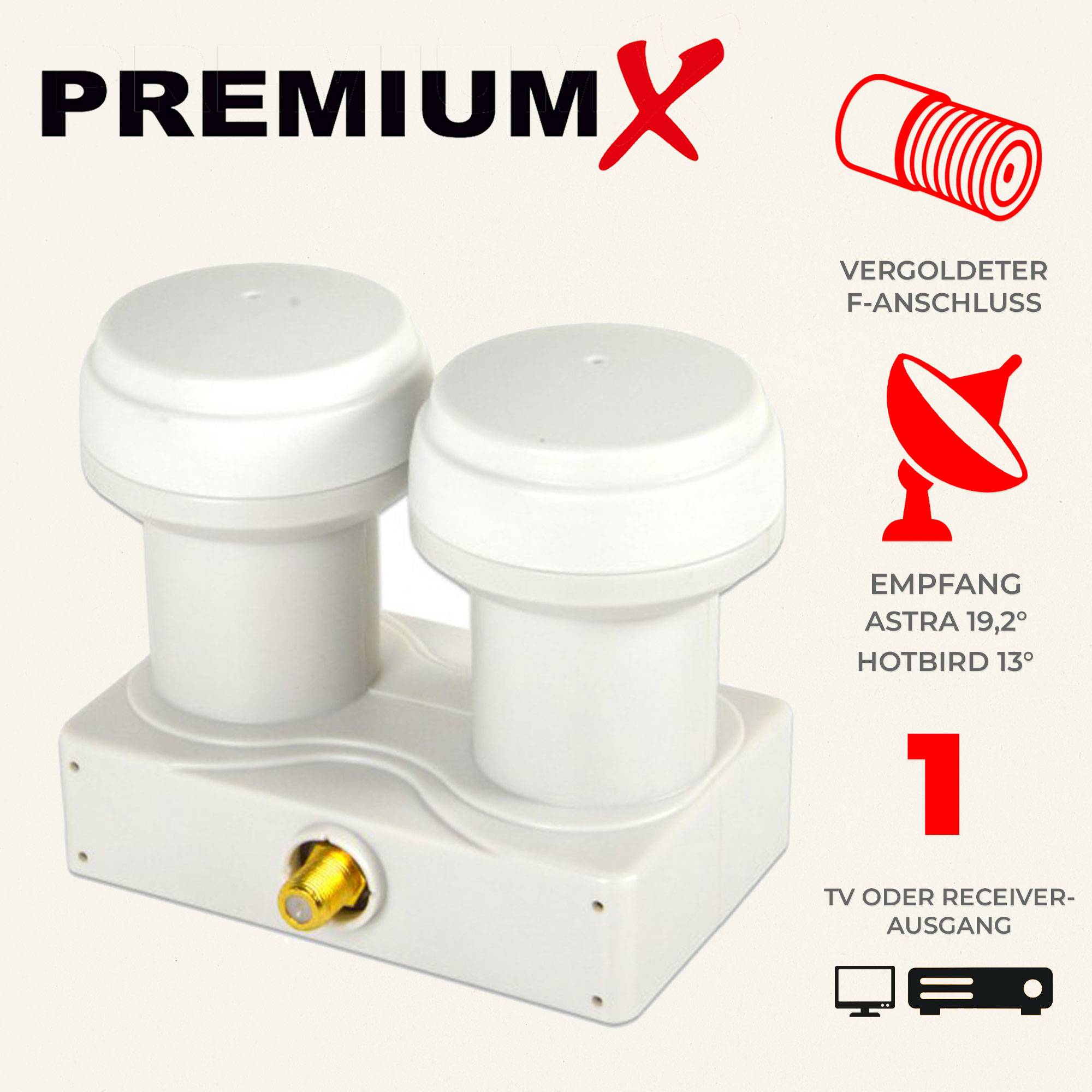 Premium X Monoblock Single LNB - für 1 Teilnehmer - 4K Full HD - mit Wetterschutz für Satellitenschüssel Astra 19,2° Hotbird 13° Digital TV Ferns