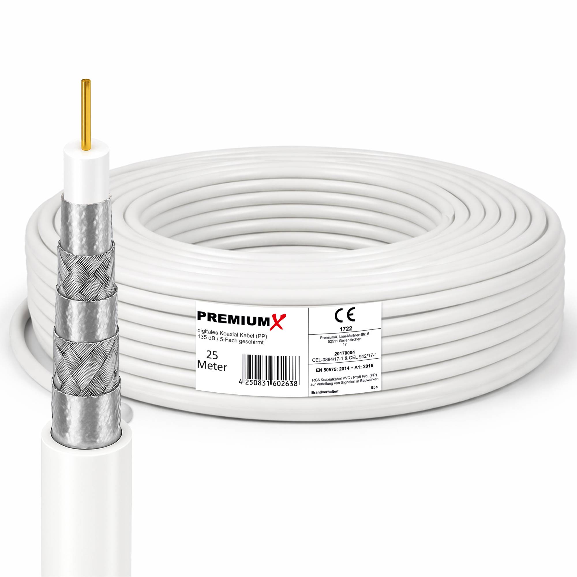 PremiumX PROFI PRO PP Koaxialkabel 25m – 5-fach geschirmt, 135 dB, reines Kupfer Sat Kabel, Antennenkabel Class A, für DVB-S/S2, DVB-C, DVB-T, BK