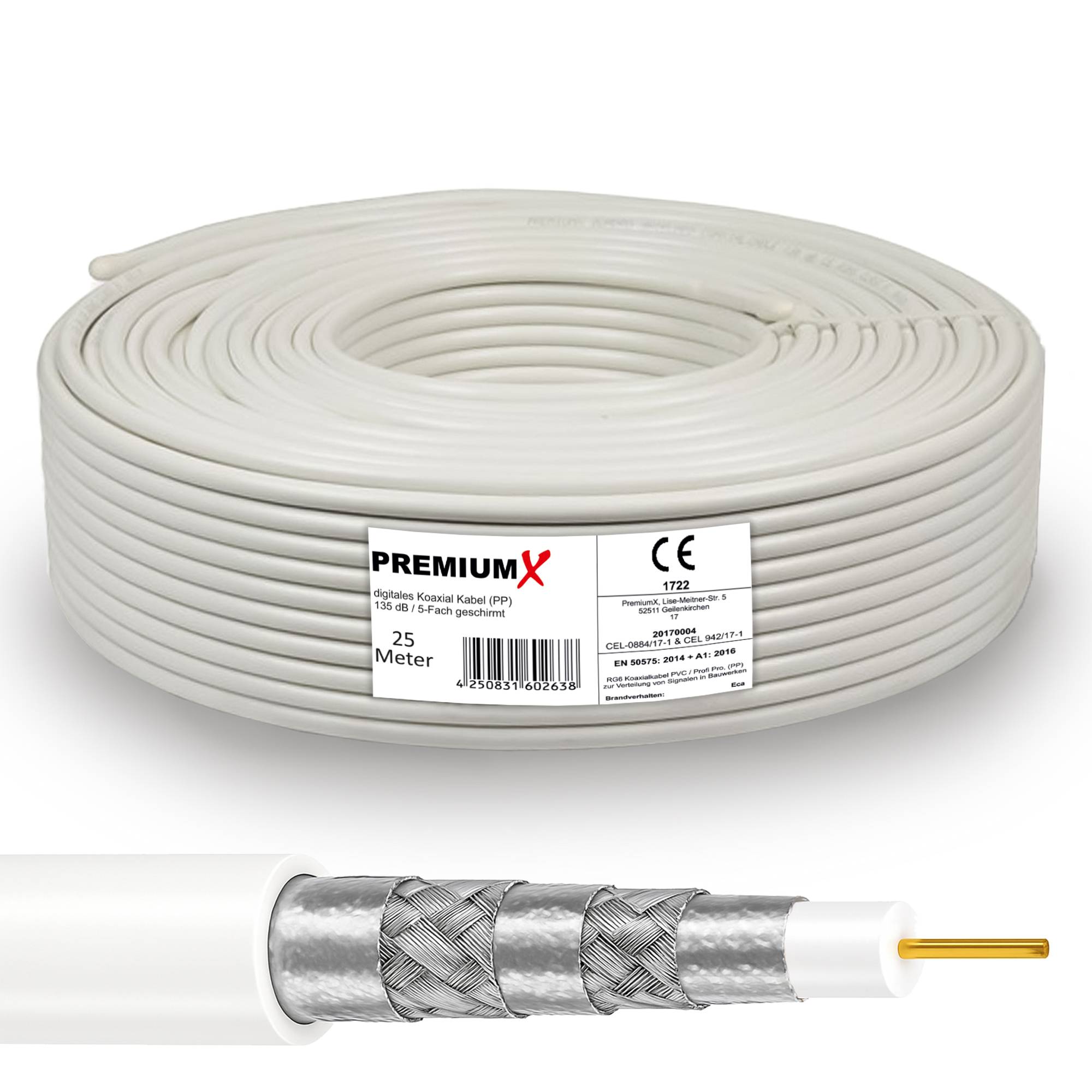 PremiumX PROFI PRO PP Koaxialkabel 25m – 5-fach geschirmt, 135 dB, reines Kupfer Sat Kabel, Antennenkabel Class A, für DVB-S/S2, DVB-C, DVB-T, BK