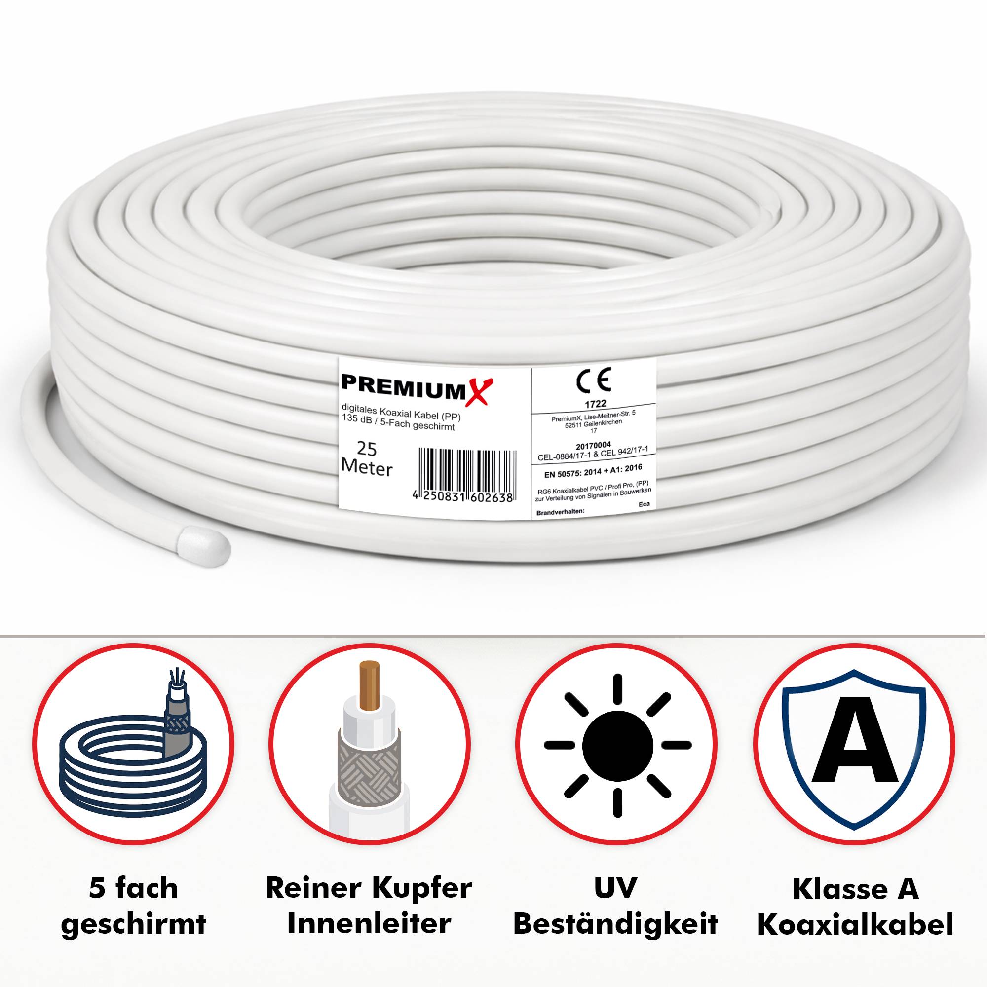 PremiumX PROFI PRO PP Koaxialkabel 25m – 5-fach geschirmt, 135 dB, reines Kupfer Sat Kabel, Antennenkabel Class A, für DVB-S/S2, DVB-C, DVB-T, BK