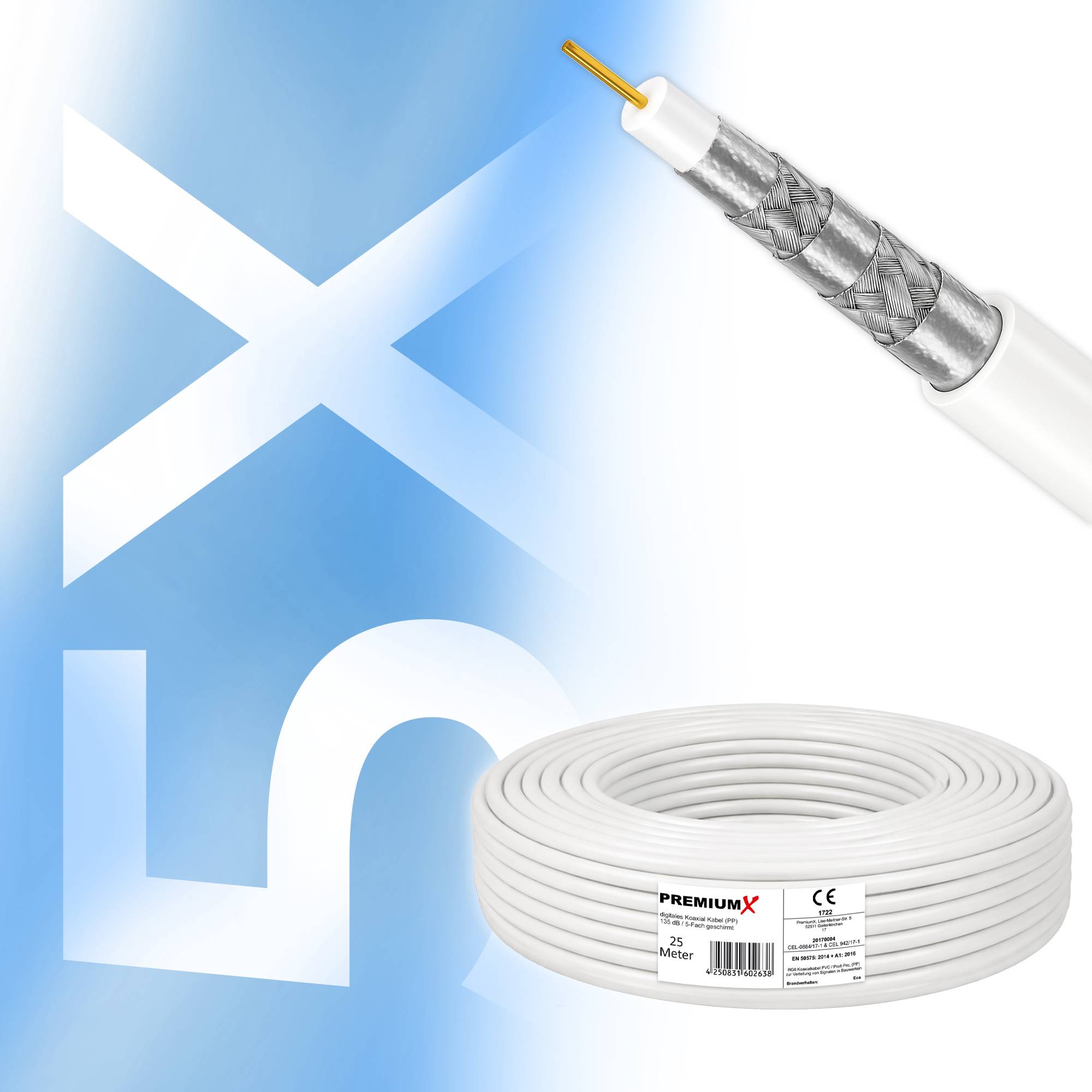 PremiumX PROFI PRO PP Koaxialkabel 25m – 5-fach geschirmt, 135 dB, reines Kupfer Sat Kabel, Antennenkabel Class A, für DVB-S/S2, DVB-C, DVB-T, BK