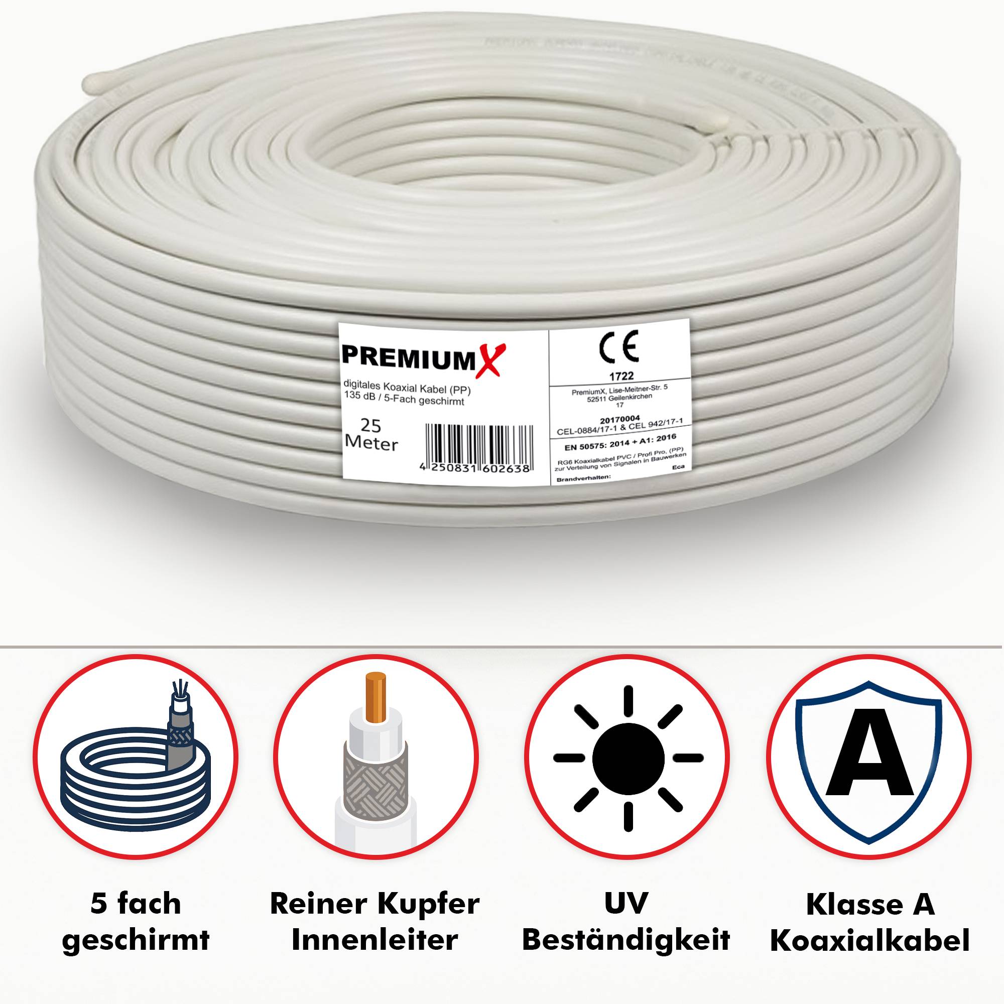 PremiumX PROFI PRO PP Koaxialkabel 25m – 5-fach geschirmt, 135 dB, reines Kupfer Sat Kabel, Antennenkabel Class A, für DVB-S/S2, DVB-C, DVB-T, BK