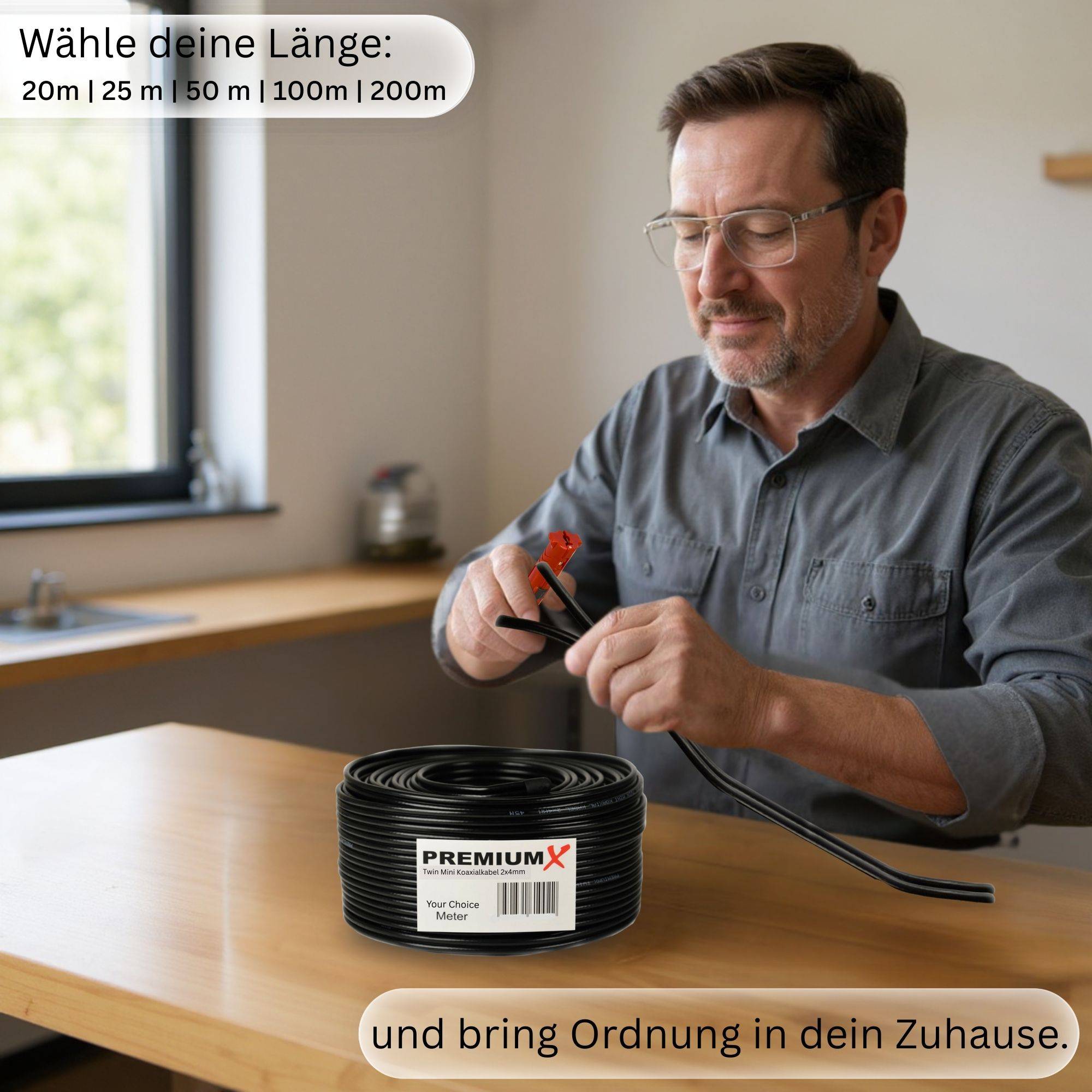PremiumX 20m Sat Koaxialkabel Twin Mini 2 x 4 mm Schwarz – extra dünn & 2-fach geschirmt – platzsparendes TV Antennenkabel für SAT | DVB-T | Twi