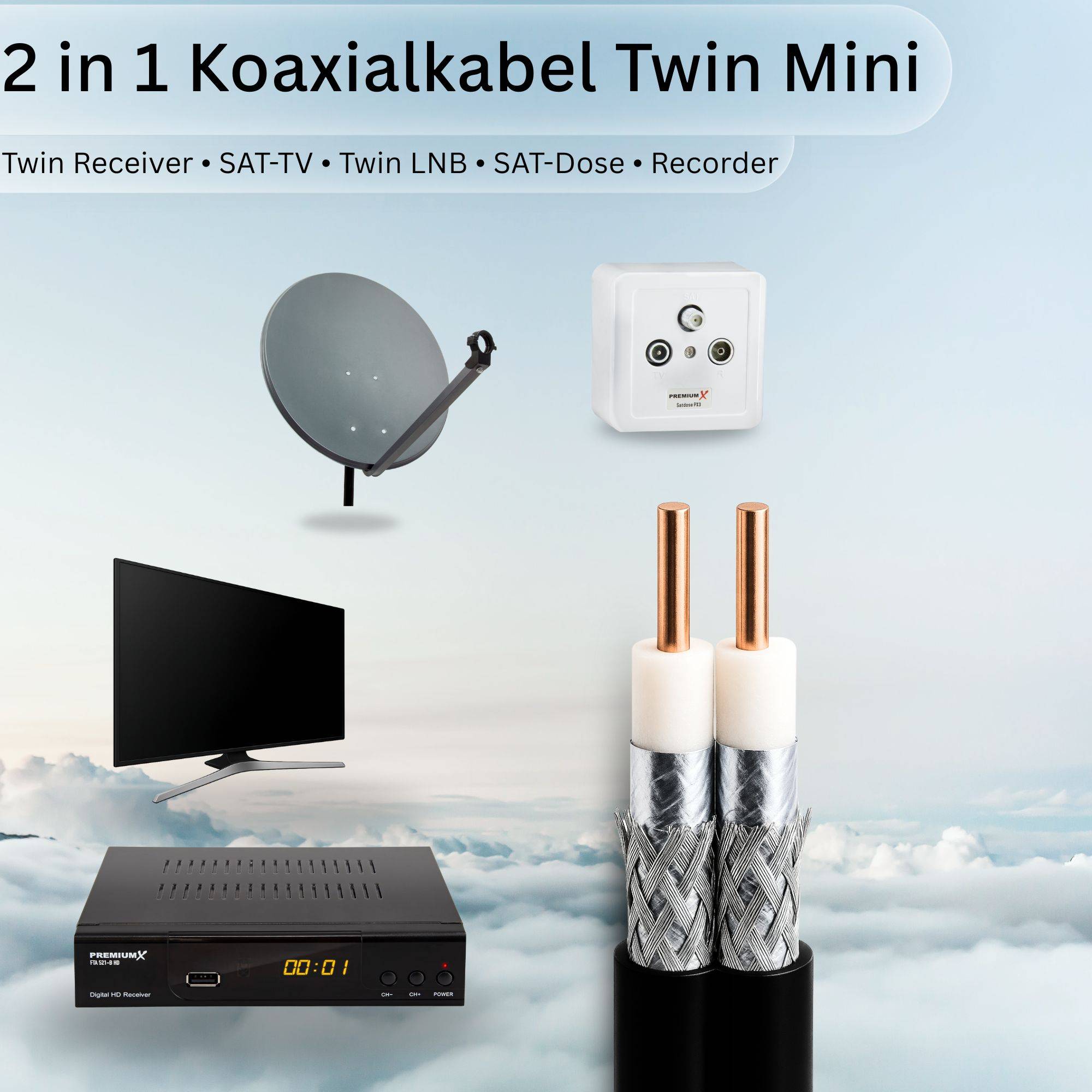 PremiumX 20m Sat Koaxialkabel Twin Mini 2 x 4 mm Schwarz – extra dünn & 2-fach geschirmt – platzsparendes TV Antennenkabel für SAT | DVB-T | Twi