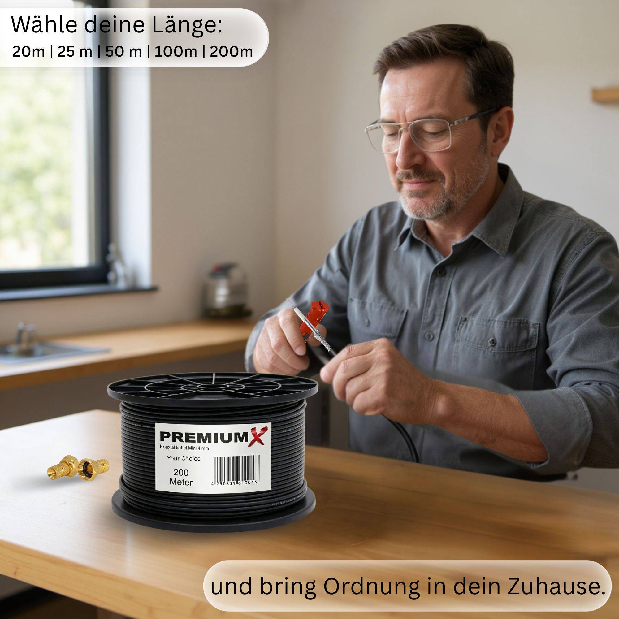 PremiumX 25m Mini Koaxial Sat Kabel 4mm extra dünn Schwarz Koax Antennenkabel 2-fach geschirmt platzsparend & flexibel einsetzbar für Sat | Kabel