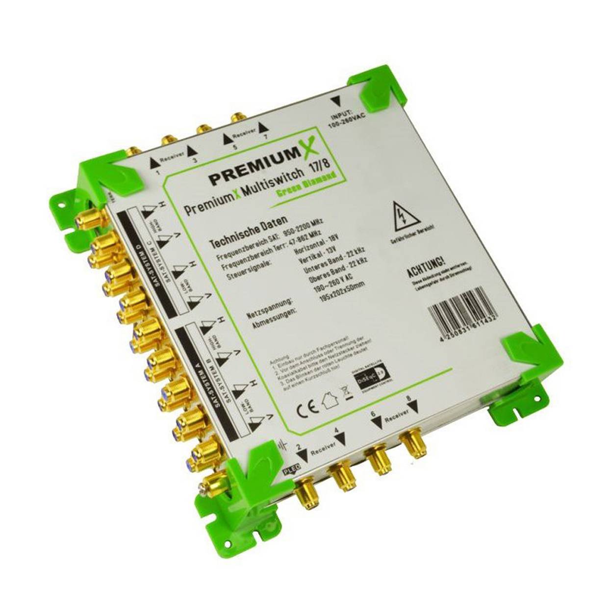 PremiumX Green Diamond PMECO 17/8 Multischalter Multiswitch 4 SAT für 8 Teilnehmer Satverteiler HDTV FullHD 4K UHD 8K