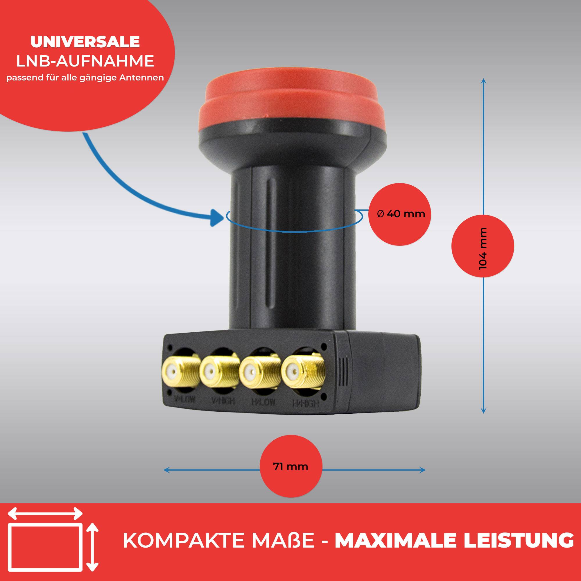 PremiumX Quattro LNB - 4Fach - nur für Multischalter - 4K Full HD - mit Wetterschutz für Satellitenschüssel Digital TV Fernseher SAT Multiswitch