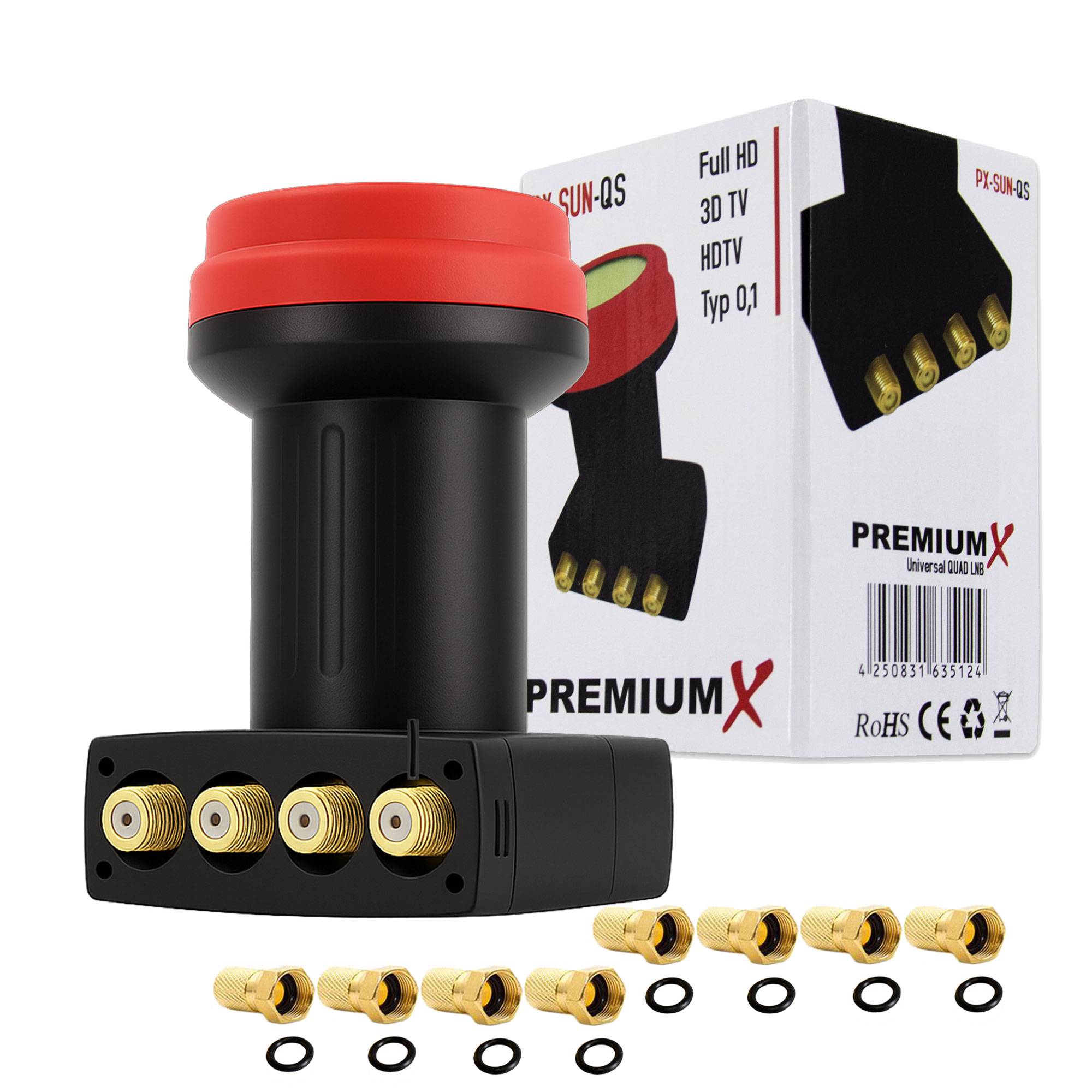 Premium X Quad LNB - 4Fach - für 4 Teilnehmer - 4K Full HD - mit Wetterschutz für Satellitenschüssel Digital TV Fernseher SAT Receiver - Sun Editio