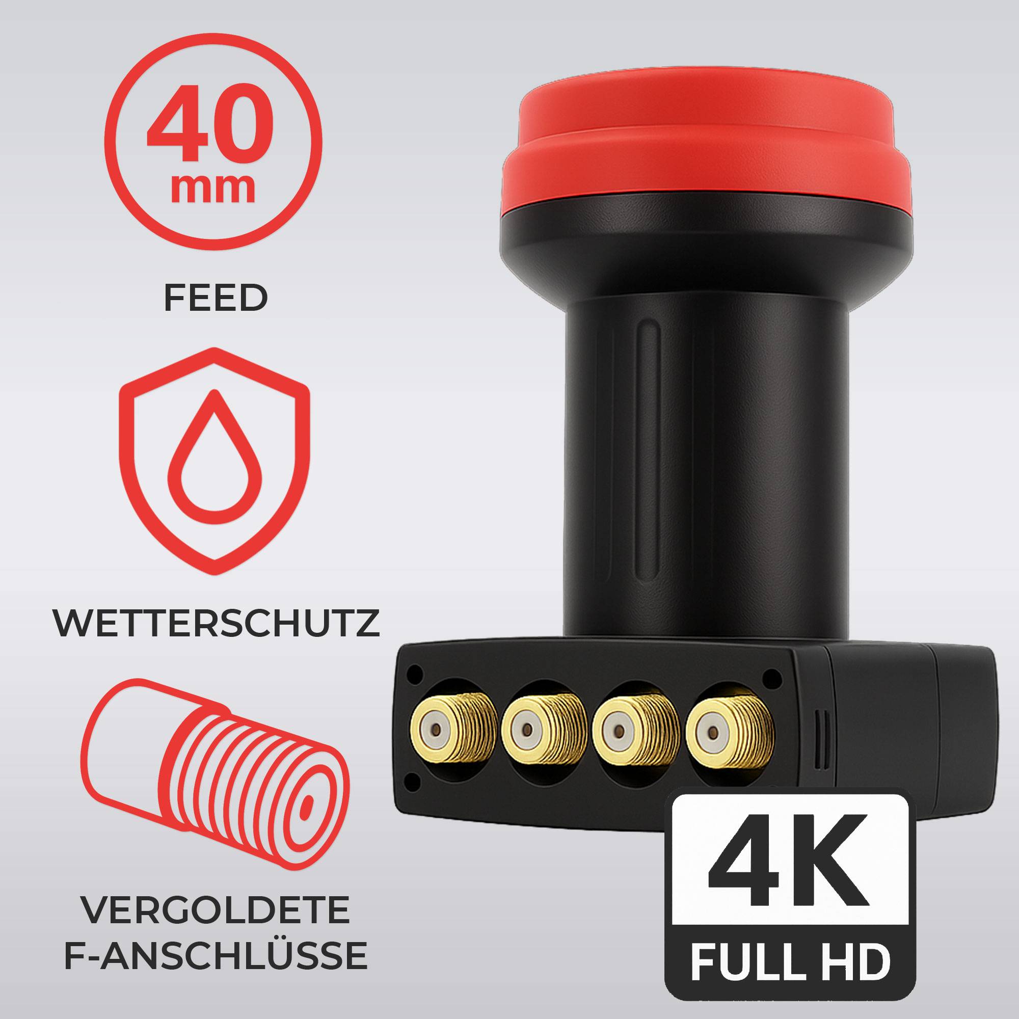 Premium X Quad LNB - 4Fach - für 4 Teilnehmer - 4K Full HD - mit Wetterschutz für Satellitenschüssel Digital TV Fernseher SAT Receiver - Sun Editio