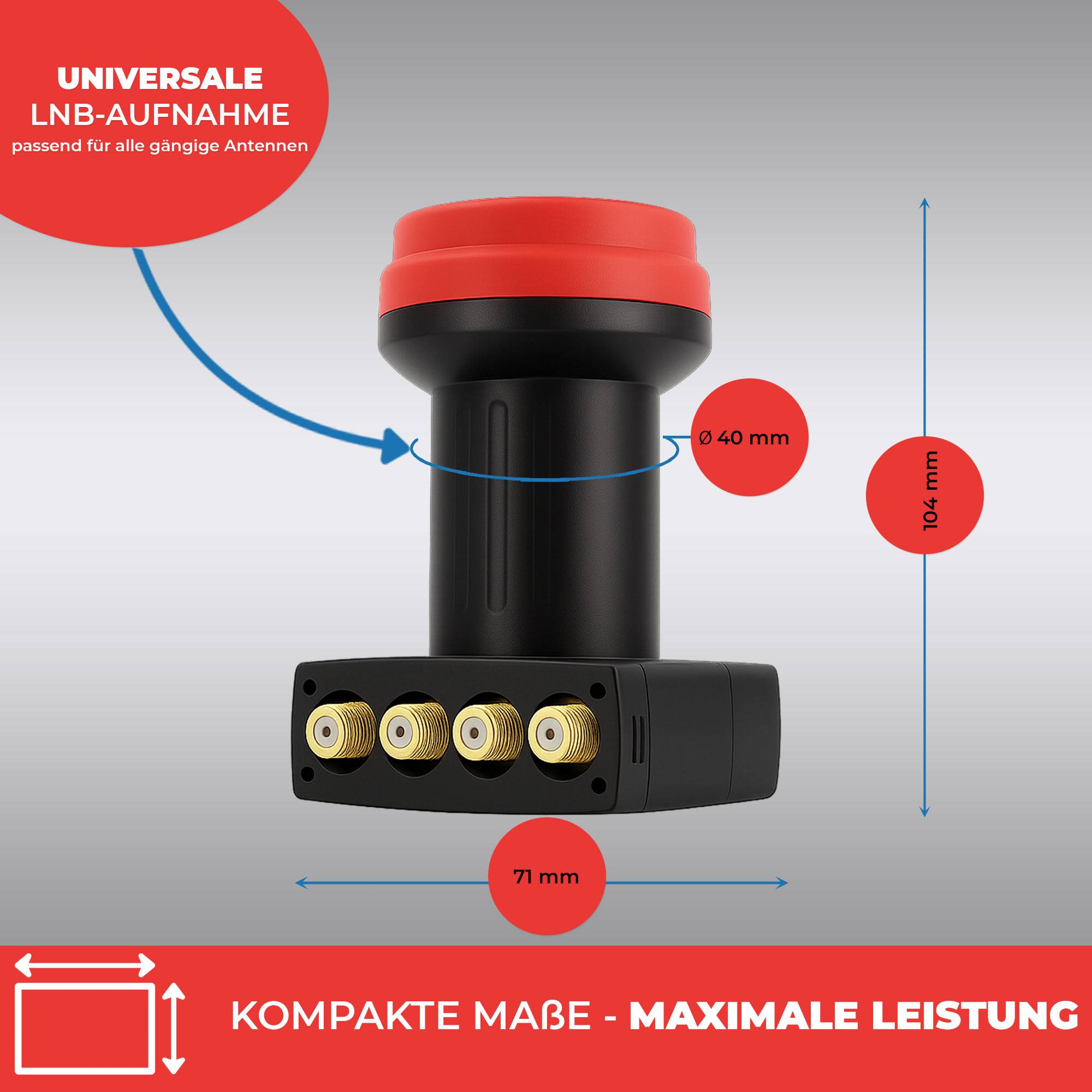 Premium X Quad LNB - 4Fach - für 4 Teilnehmer - 4K Full HD - mit Wetterschutz für Satellitenschüssel Digital TV Fernseher SAT Receiver - Sun Editio