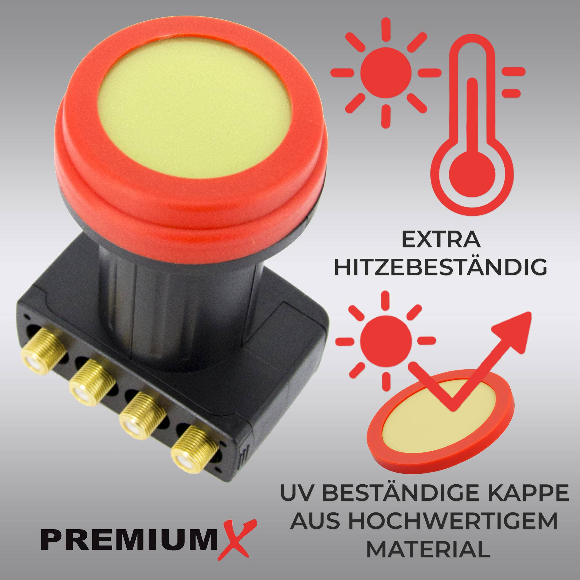 Premium X Quad LNB - 4Fach - für 4 Teilnehmer - 4K Full HD - mit Wetterschutz für Satellitenschüssel Digital TV Fernseher SAT Receiver - Sun Editio