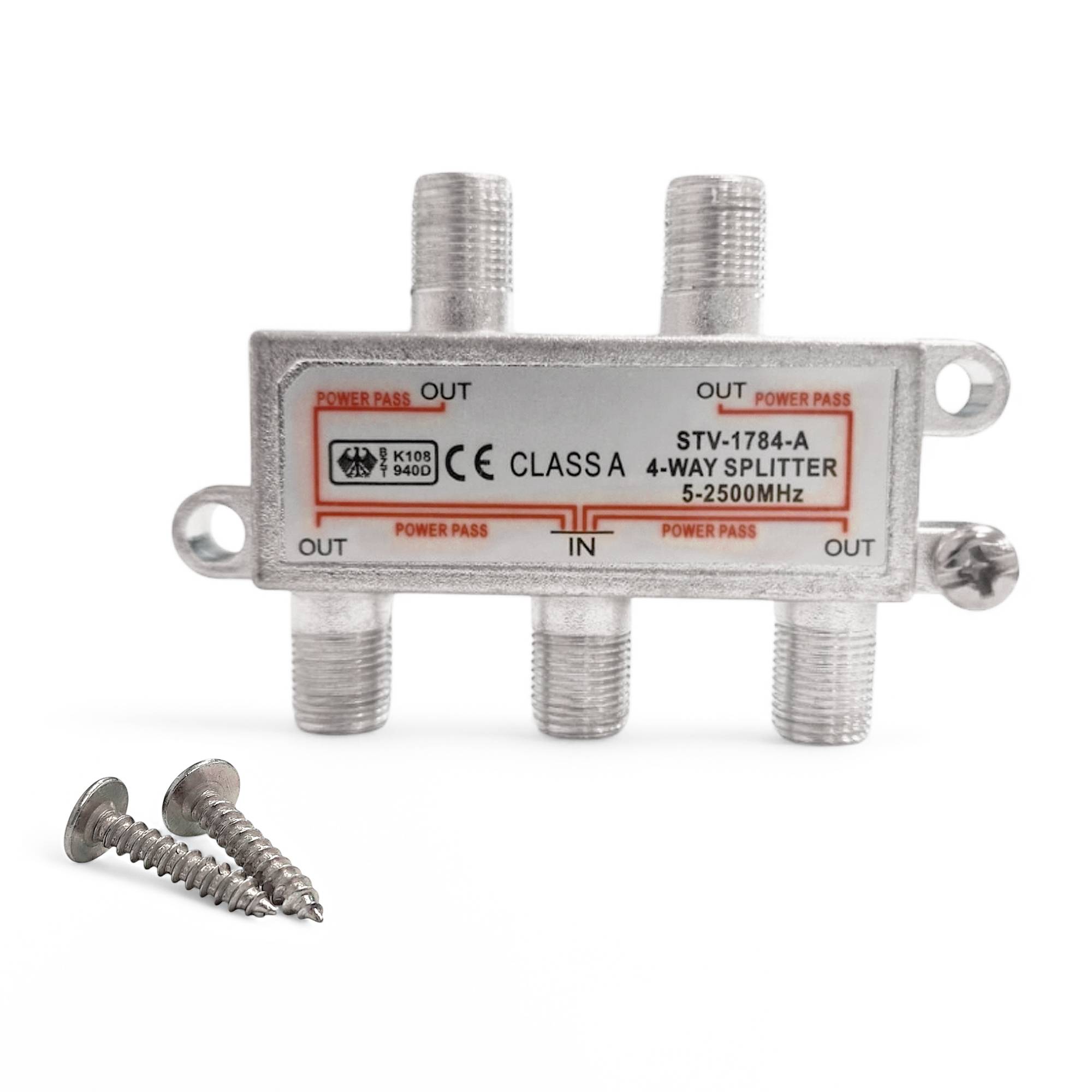 PremiumX V-4 SAT Verteiler 4-Fach 5-2500 MHz BK-Verteiler für TV, Radio und DVB-S/S2 vierfacher Satelliten-Verteiler 4 Ausgänge Splitter verteilt LN