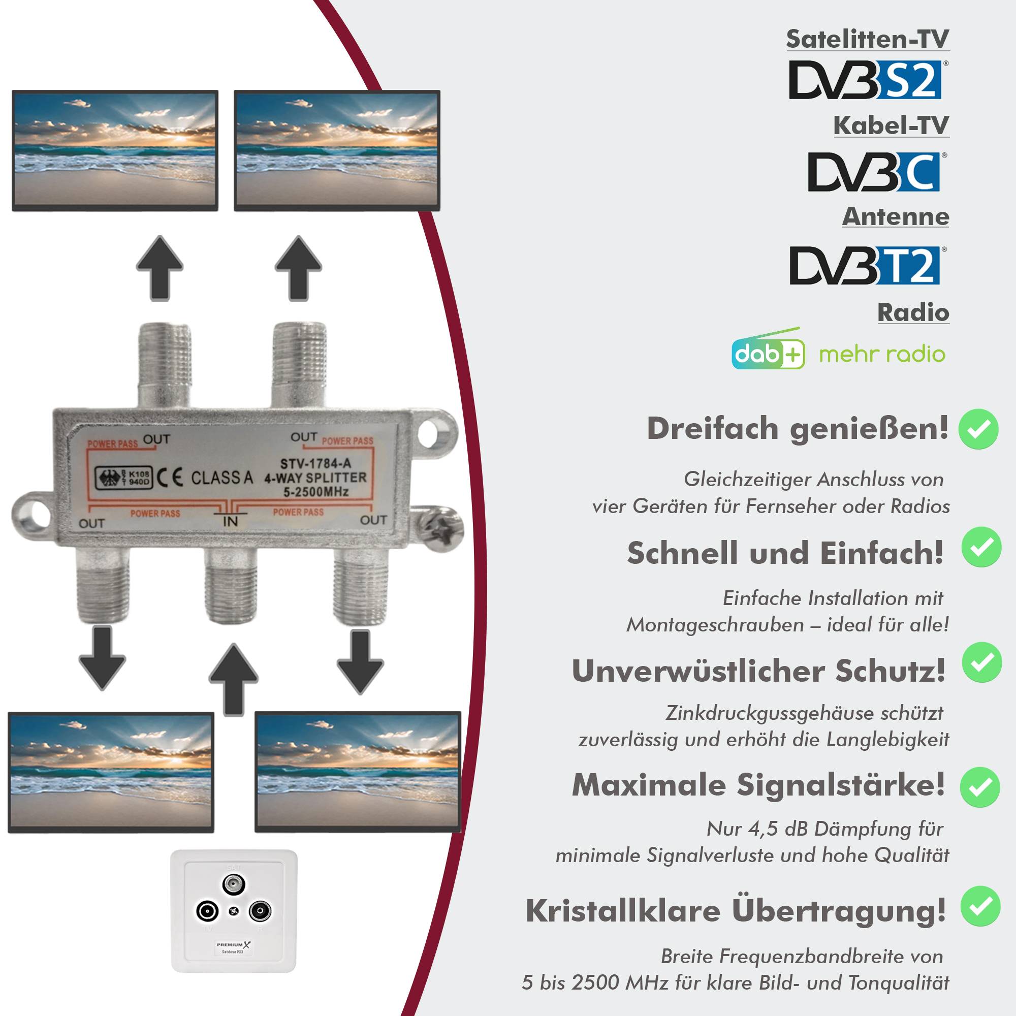PremiumX V-4 SAT Verteiler 4-Fach 5-2500 MHz BK-Verteiler für TV, Radio und DVB-S/S2 vierfacher Satelliten-Verteiler 4 Ausgänge Splitter verteilt LN