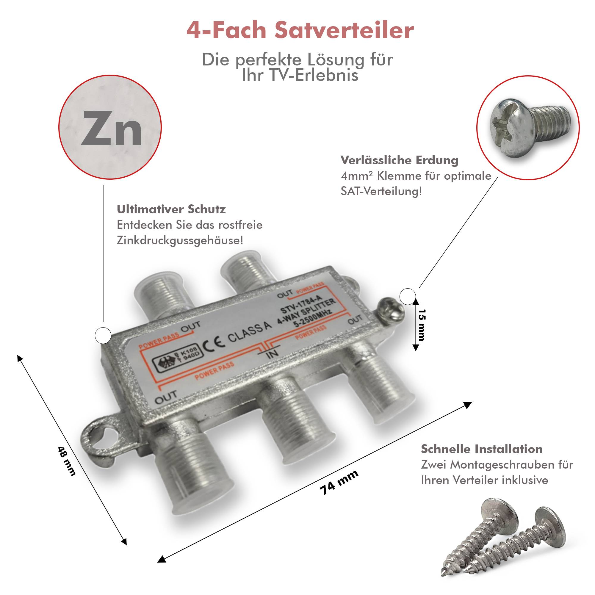 PremiumX V-4 SAT Verteiler 4-Fach 5-2500 MHz BK-Verteiler für TV, Radio und DVB-S/S2 vierfacher Satelliten-Verteiler 4 Ausgänge Splitter verteilt LN