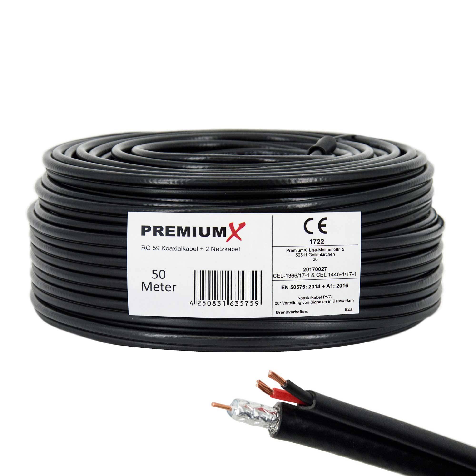 PremiumX 50m RG59 Koaxialkabel + 2 Netzkabel Eca Videobild und Stromversorgung Kombi Koaxkabel-Strom Video-Kabel für Videoüberwachung Überwachungsk
