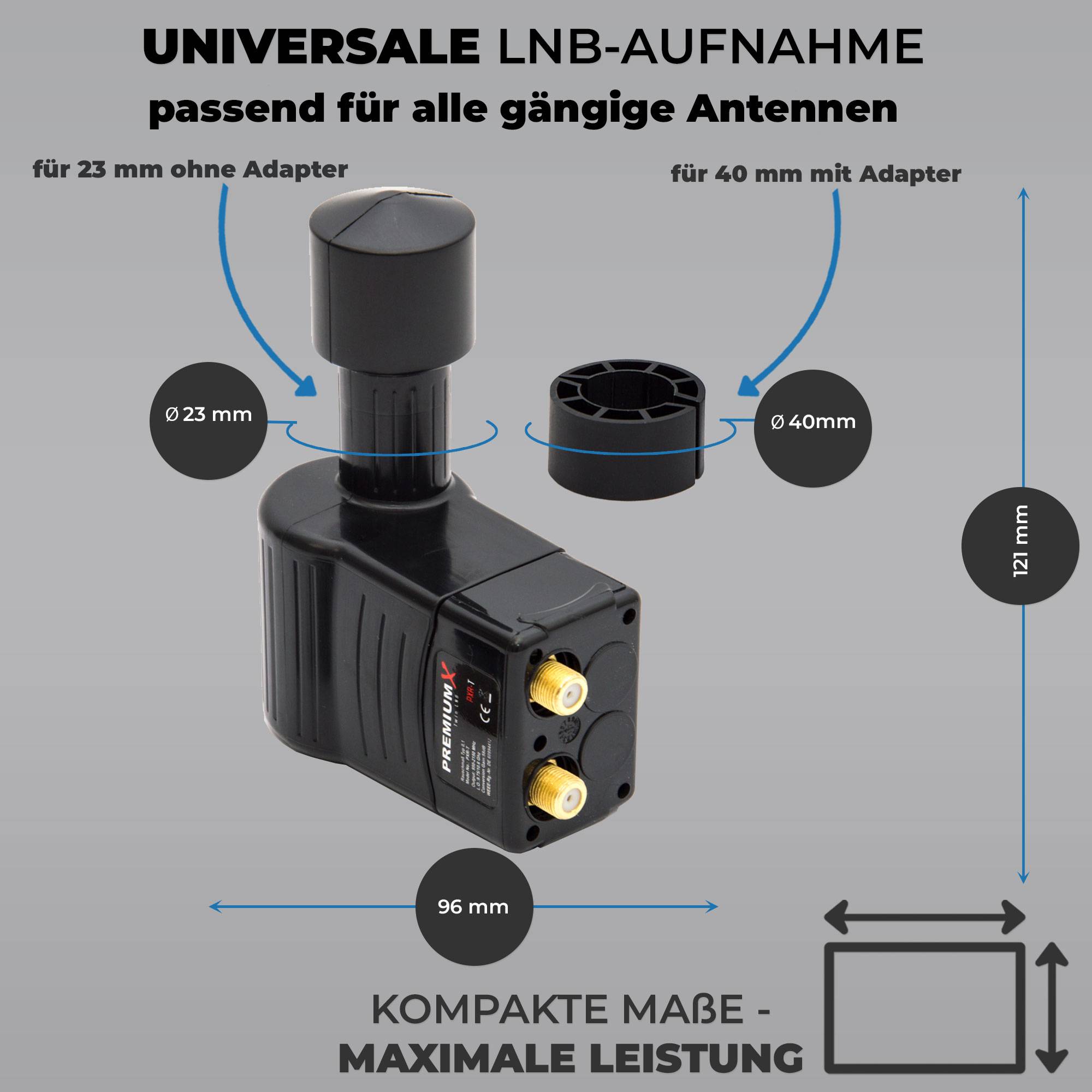 Premium X Rocket Twin LNB - 2Fach - für 2 Teilnehmer - 4K Full HD - mit Wetterschutz für Satellitenschüssel Digital TV Fernseher - Schwarz