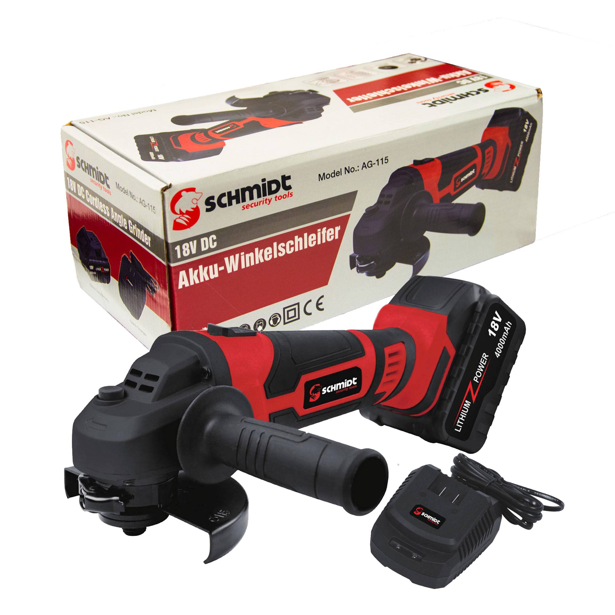 SCHMIDT Security Tools Akku-Winkelschleifer - 8000 U/min - 18V - 4.0Ah Akku - Ladegerät - Akkuschleifer - Schruppschleifer - Elektrowerkzeug - Schle