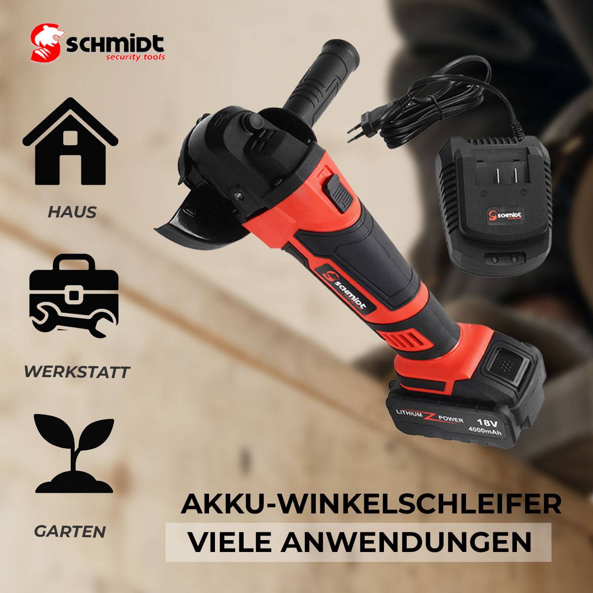 SCHMIDT Security Tools Akku-Winkelschleifer - 8000 U/min - 18V - 4.0Ah Akku - Ladegerät - Akkuschleifer - Schruppschleifer - Elektrowerkzeug - Schle
