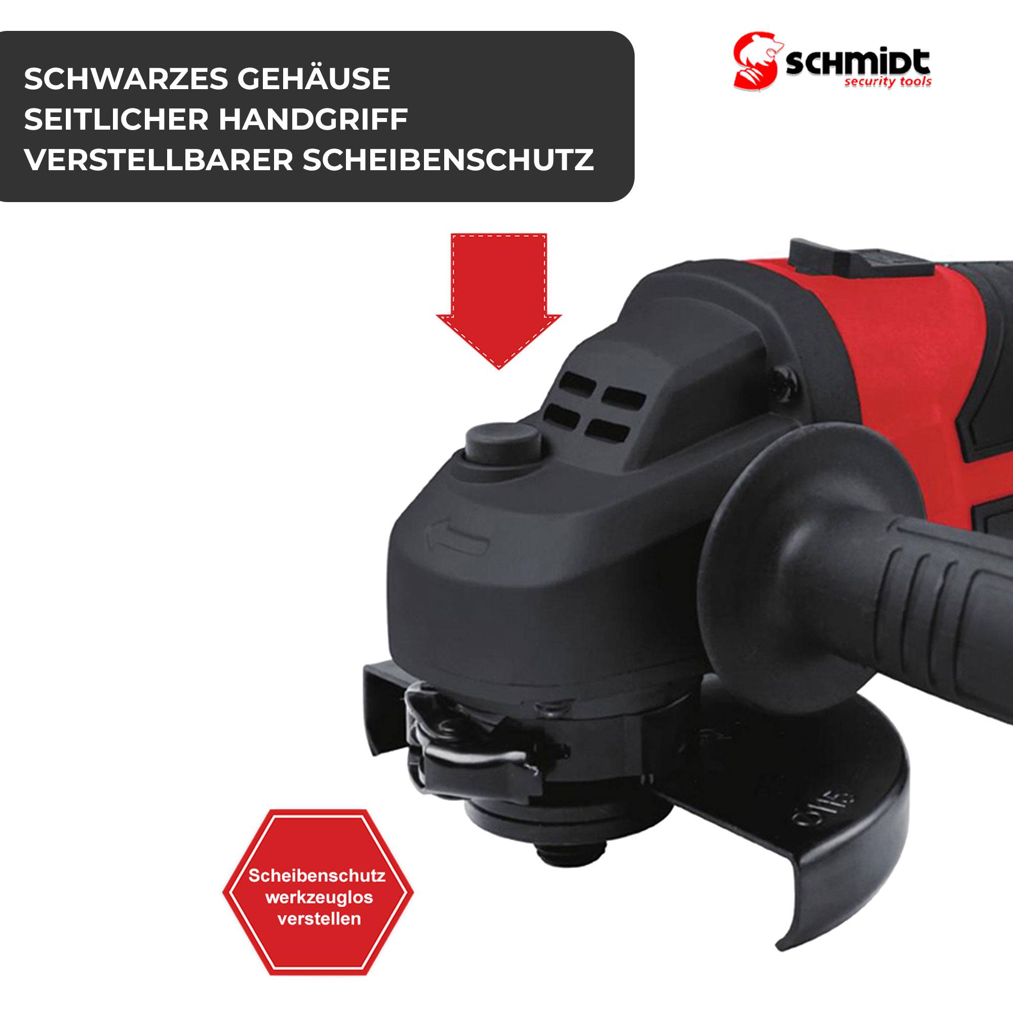 SCHMIDT Security Tools Akku-Winkelschleifer - 8000 U/min - 18V - 4.0Ah Akku - Ladegerät - Akkuschleifer - Schruppschleifer - Elektrowerkzeug - Schle