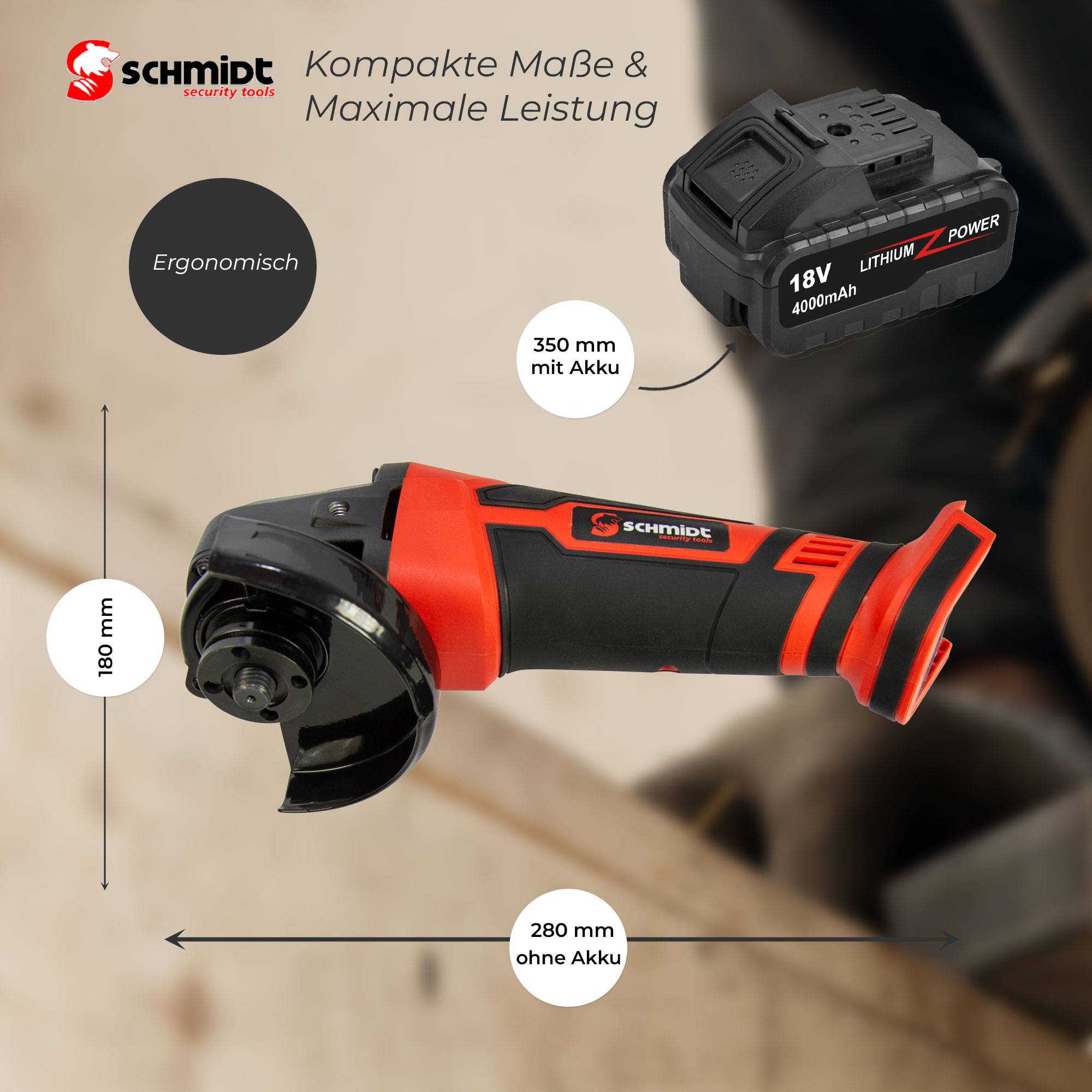 SCHMIDT Security Tools Akku-Winkelschleifer - 8000 U/min - 18V - 4.0Ah Akku - Ladegerät - Akkuschleifer - Schruppschleifer - Elektrowerkzeug - Schle