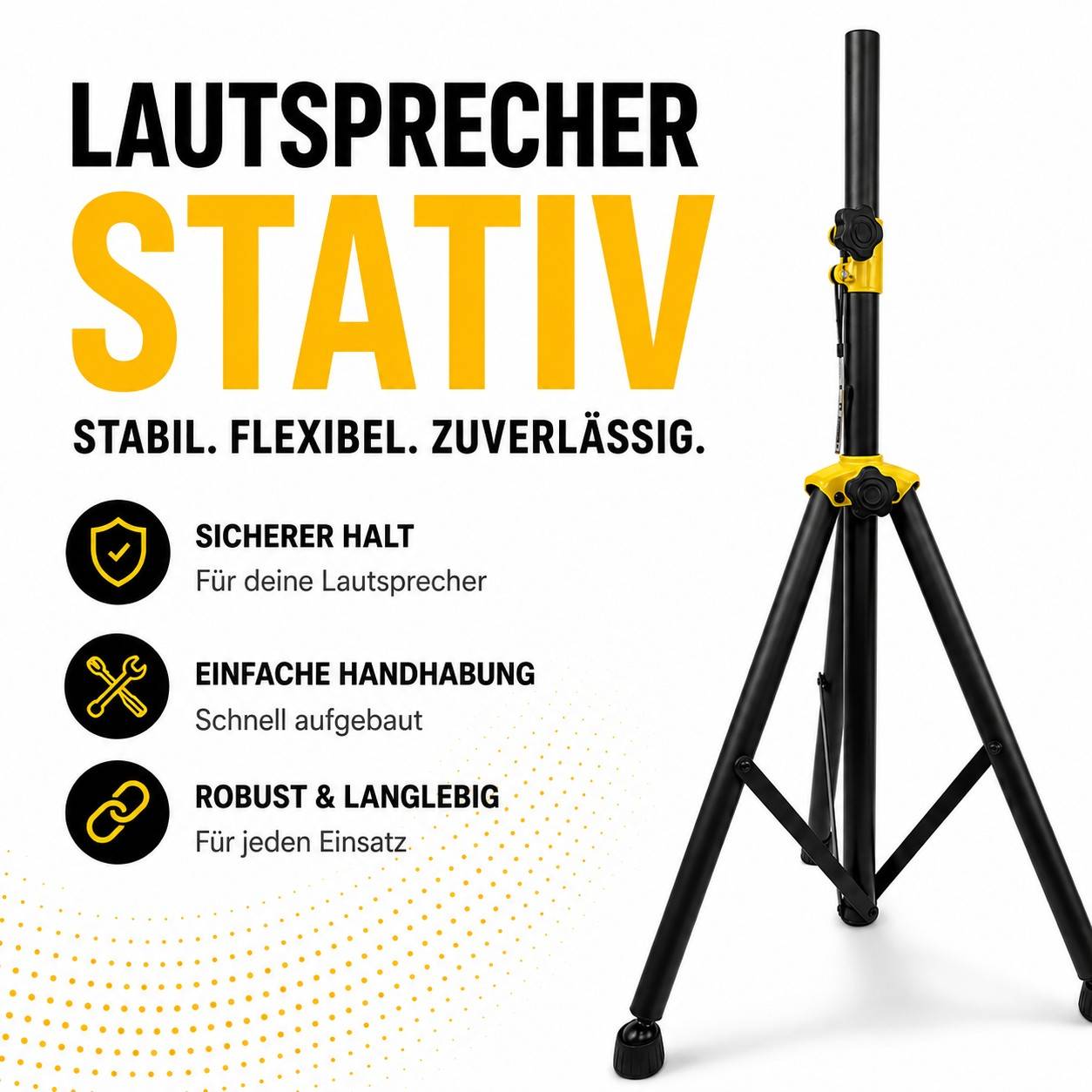PremiumX Lautsprecherstativ 105–165 cm, höhenverstellbares Boxenstativ aus Stahl bis 50 kg, PA Stativ mit 35 mm Aufnahme, Sicherungspin, Federdämp