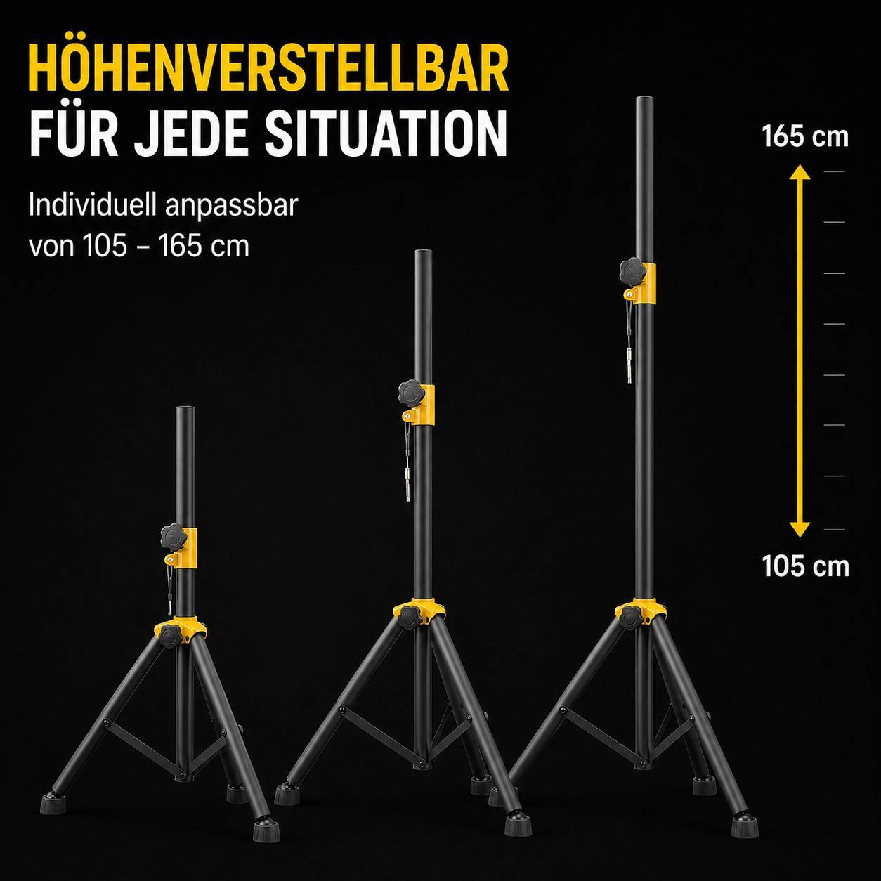 PremiumX Lautsprecherstativ 105–165 cm, höhenverstellbares Boxenstativ aus Stahl bis 50 kg, PA Stativ mit 35 mm Aufnahme, Sicherungspin, Federdämp