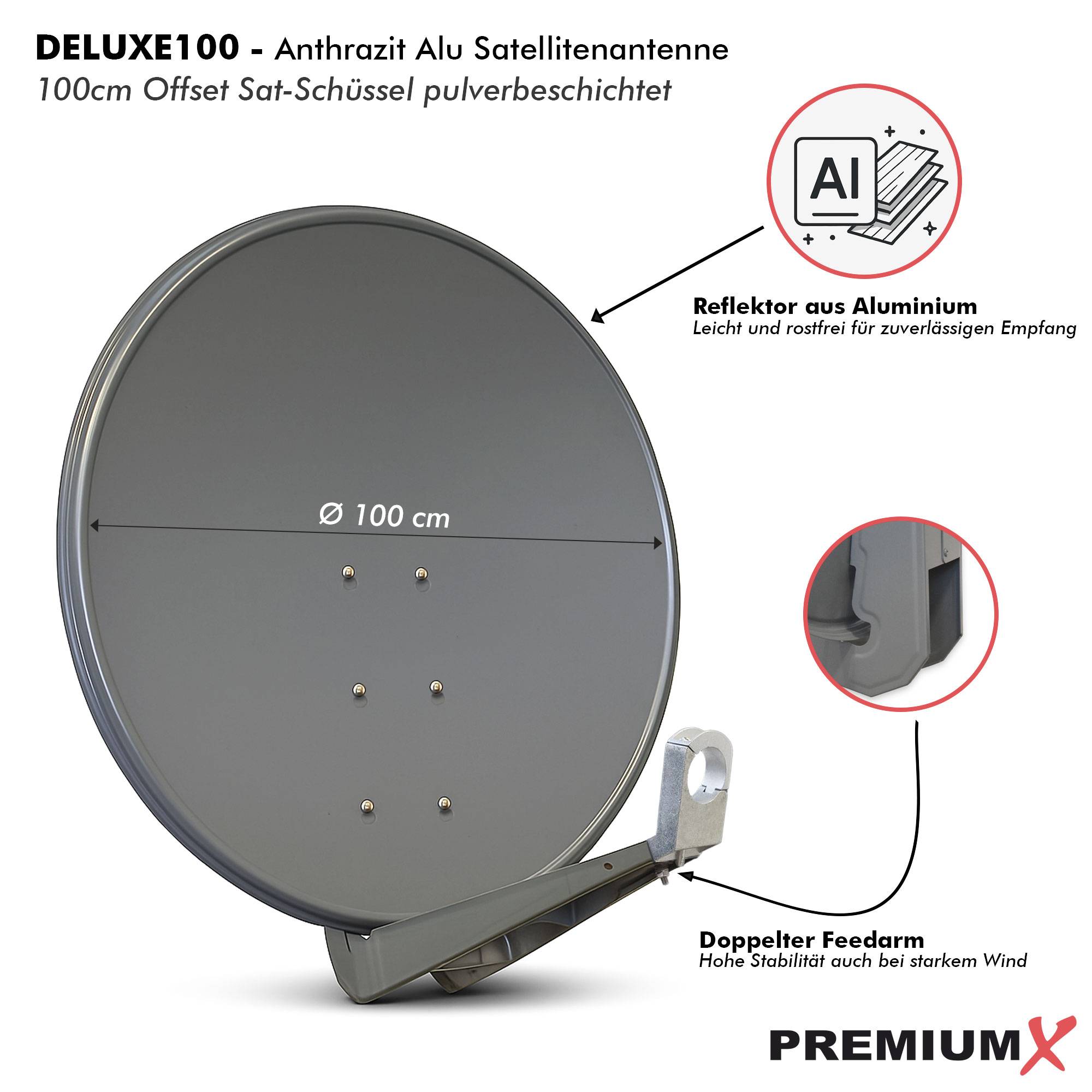 PremiumX DELUXE100 Satellitenantenne 100 cm Aluminium Anthrazit Twin LNB 2 Teilnehmer 4x F-Stecker