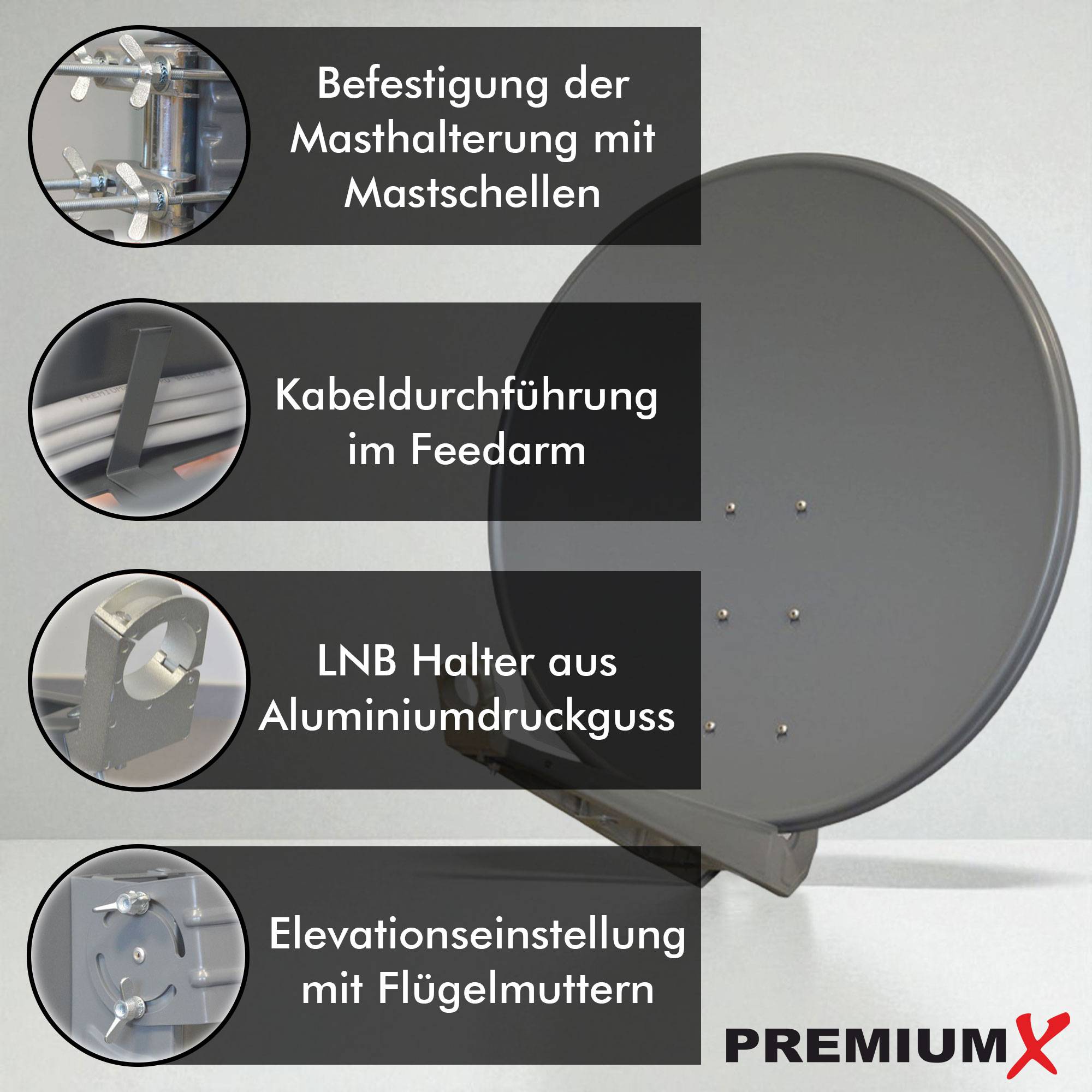 PremiumX DELUXE100 Satellitenantenne 100 cm Aluminium Anthrazit Twin LNB 2 Teilnehmer 4x F-Stecker