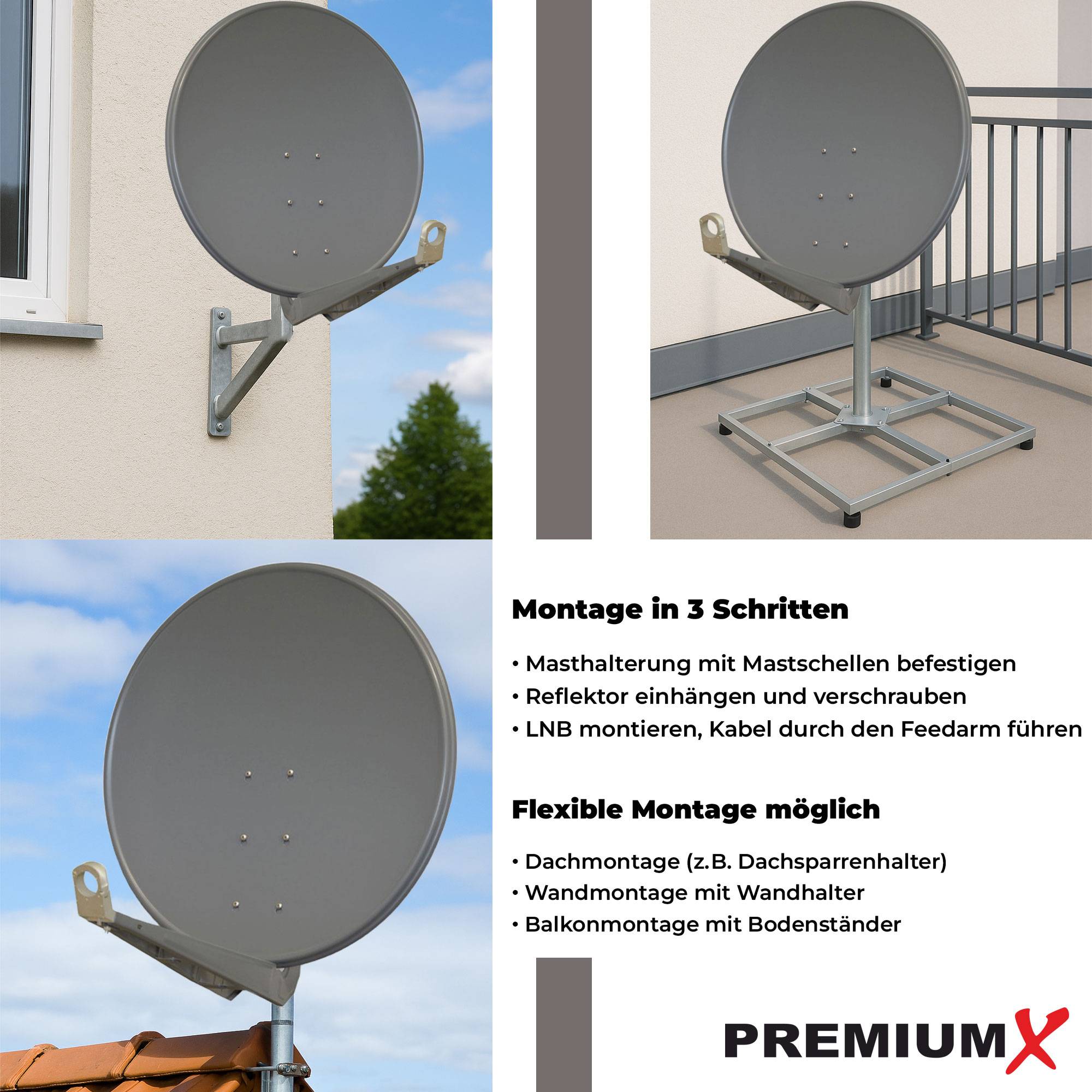 PremiumX DELUXE100 Satellitenschüssel 100cm Sat Schüssel aus Aluminium in Anthrazit Offset Satelliten-Antenne FullHD 4K UltraHD