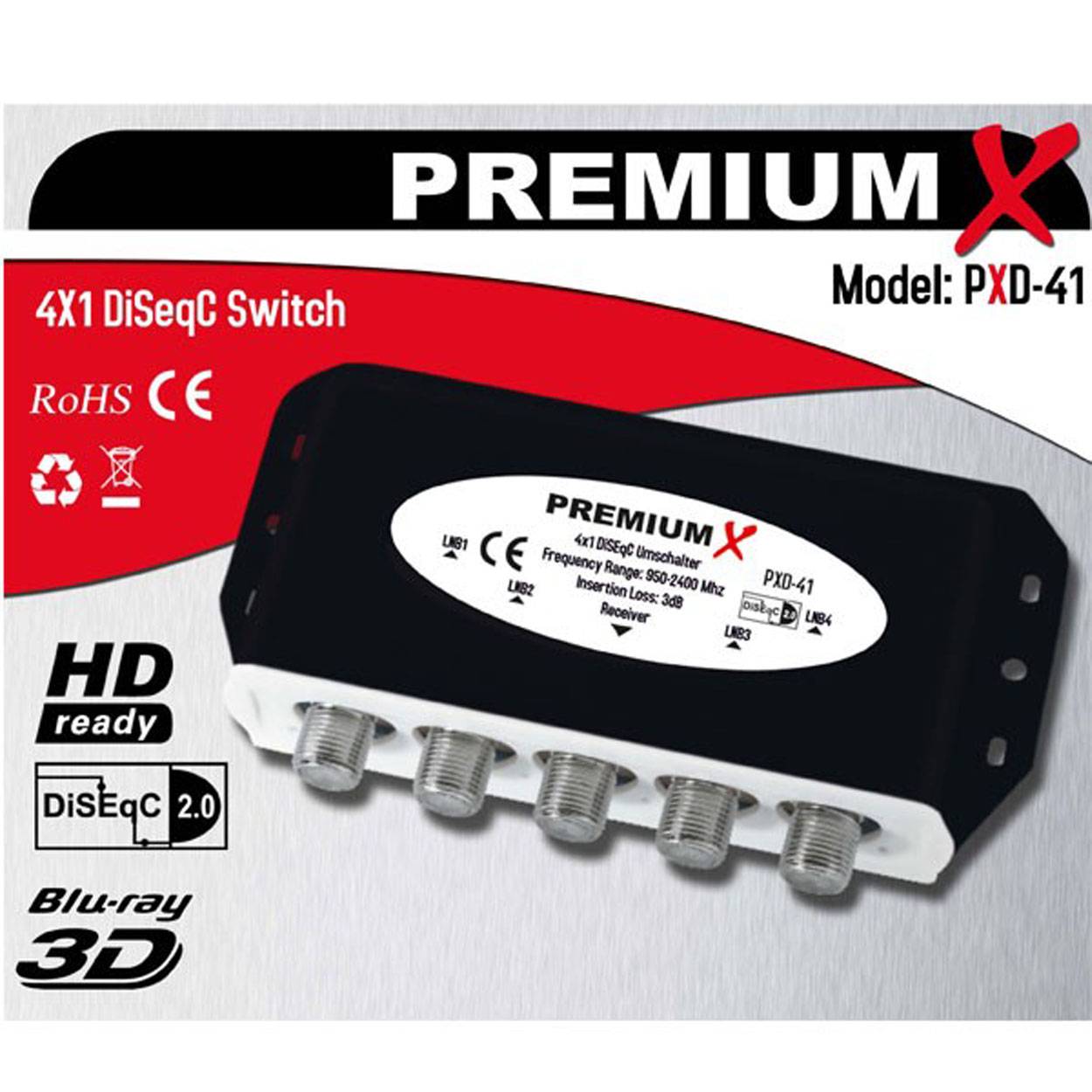 4x PremiumX PXD-41 DiSEqC Schalter 4/1 Umschalter 2.0 Switch Diseq C Wetterschutzgehäuse Satellitenweiche SAT TV Switch Verteiler Splitter