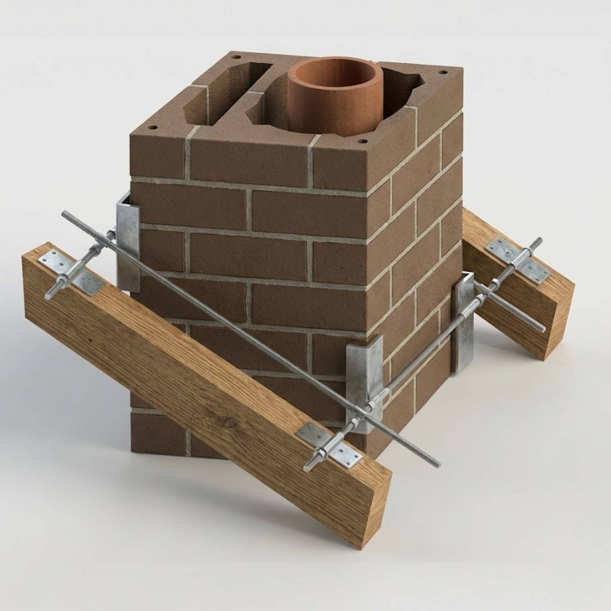Ein 3D-Modell einer Ziegelschornsteinkonstruktion mit einem zentralen Tonrohr, das durch horizontale Holzstreben und Metallstützen auf jeder Seite gesichert ist.