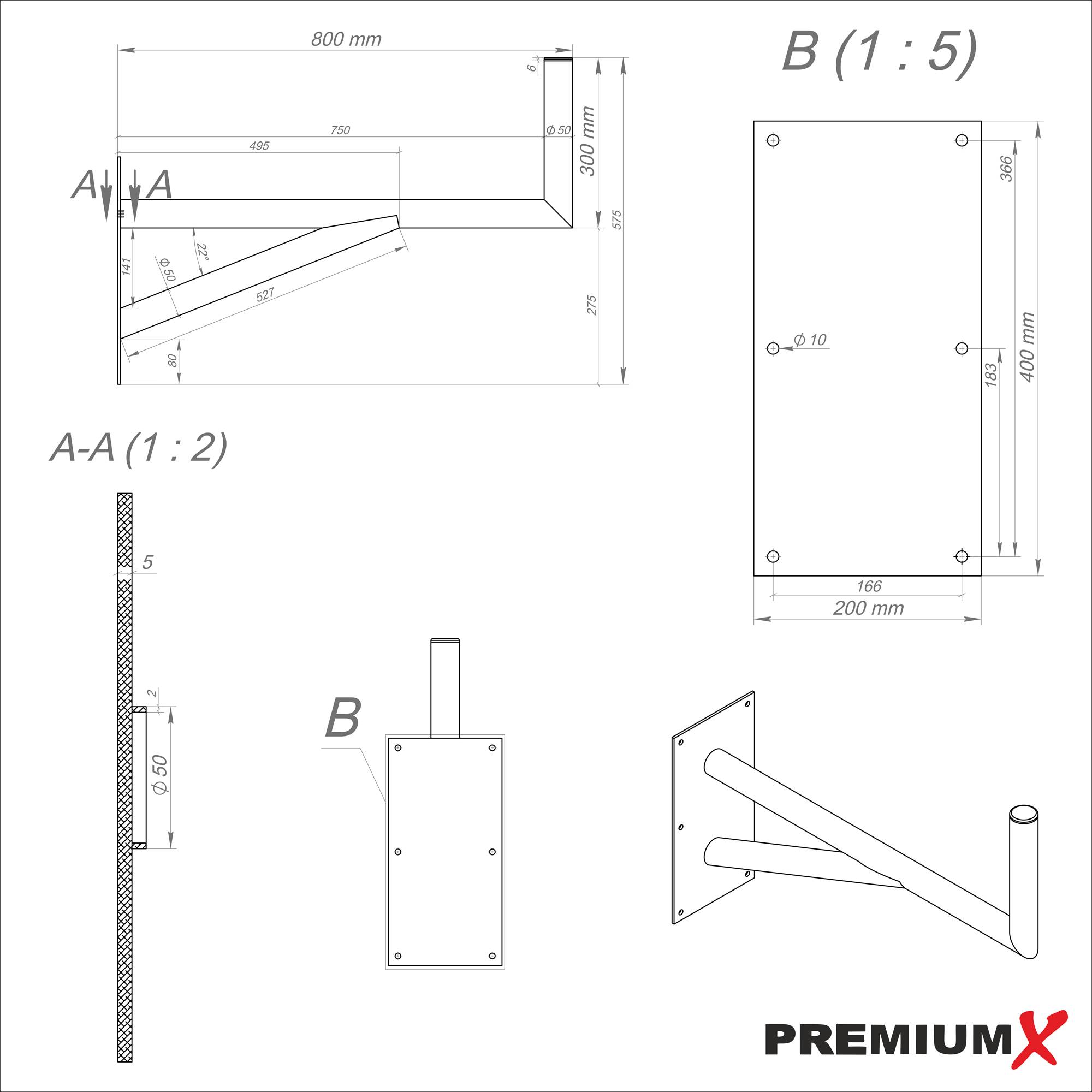 PremiumX 80cm Wandhalter Aluminium SAT-Halterung mit Stützelement für Satellitenschüssel Grundplatte 400x200mm