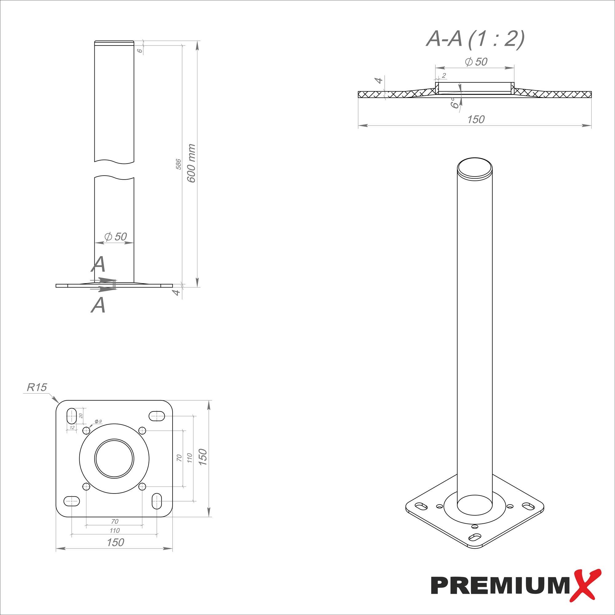 PremiumX Standfuß 60cm Ø 50mm Aluminium SAT Antennen-Mast Rohr-Ständer Mastfuß Flachdach Halterung für Satellitenschüssel