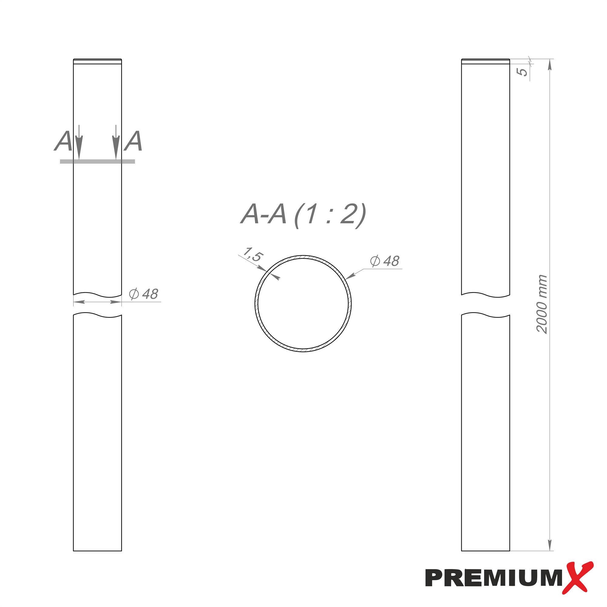 PremiumX Antennenmast 2m Ø 48mm Stahl SAT Mast Satellitenmast Mastrohr Stangenrohr Halterung für Satelliten-Schüssel