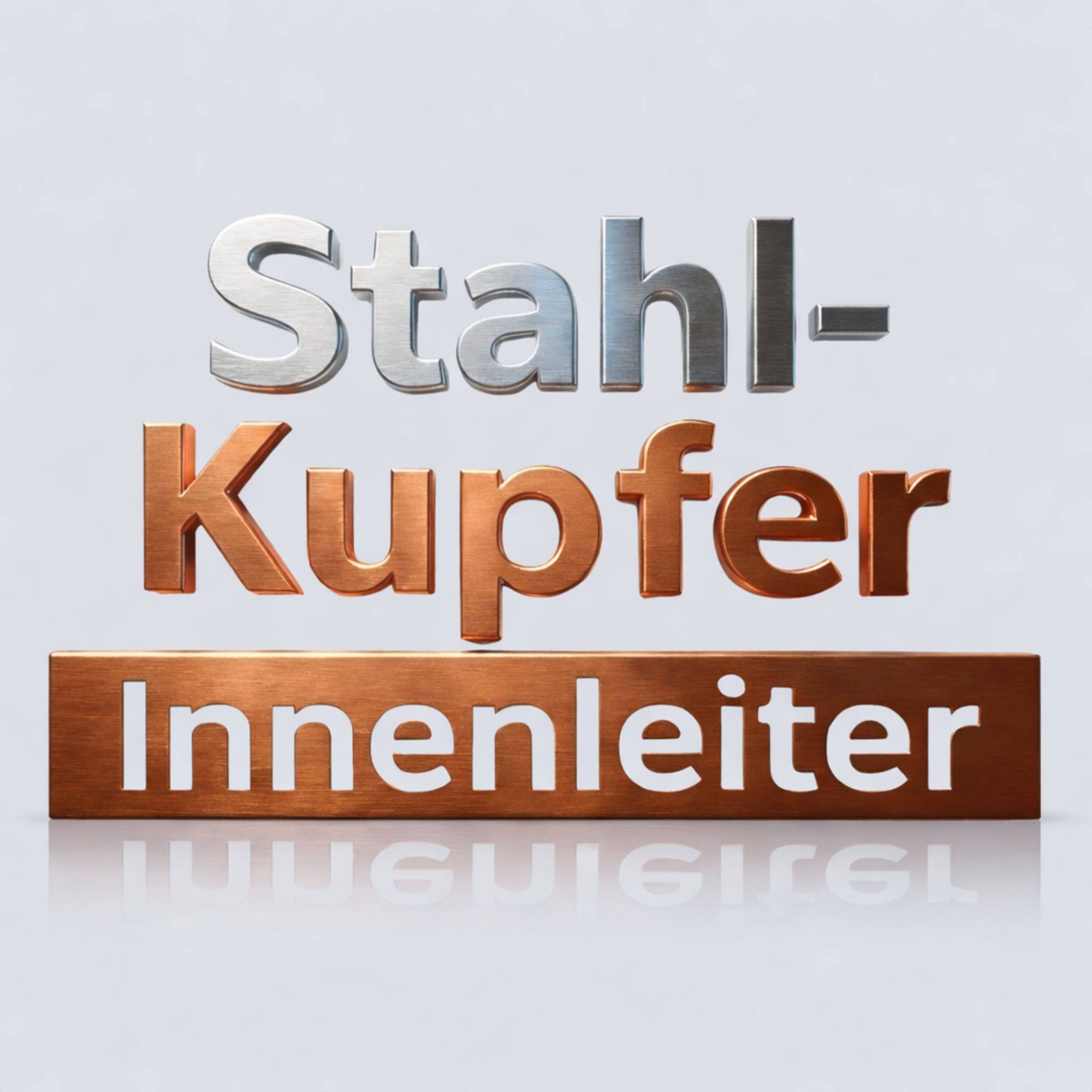 Stahl-Kupfer Innenleiter' in metallischen und kupferfarbigen Tönen auf hellem Hintergrund geschrieben, wobei die Materialkombination betont wird.