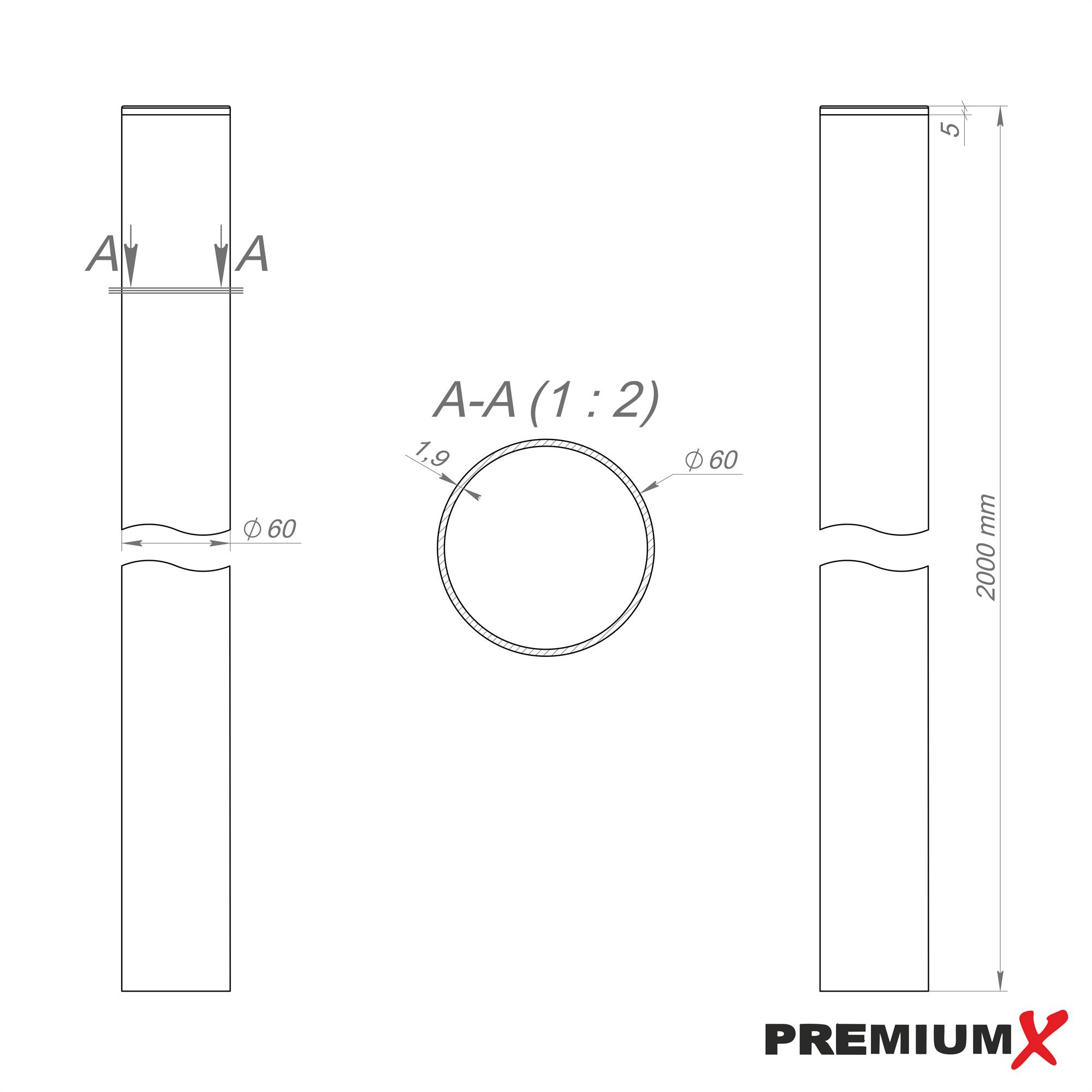 PremiumX Antennenmast 2m Ø 60mm Stahl SAT Mast Satellitenmast Mastrohr Stangenrohr Halterung für Satelliten-Schüssel