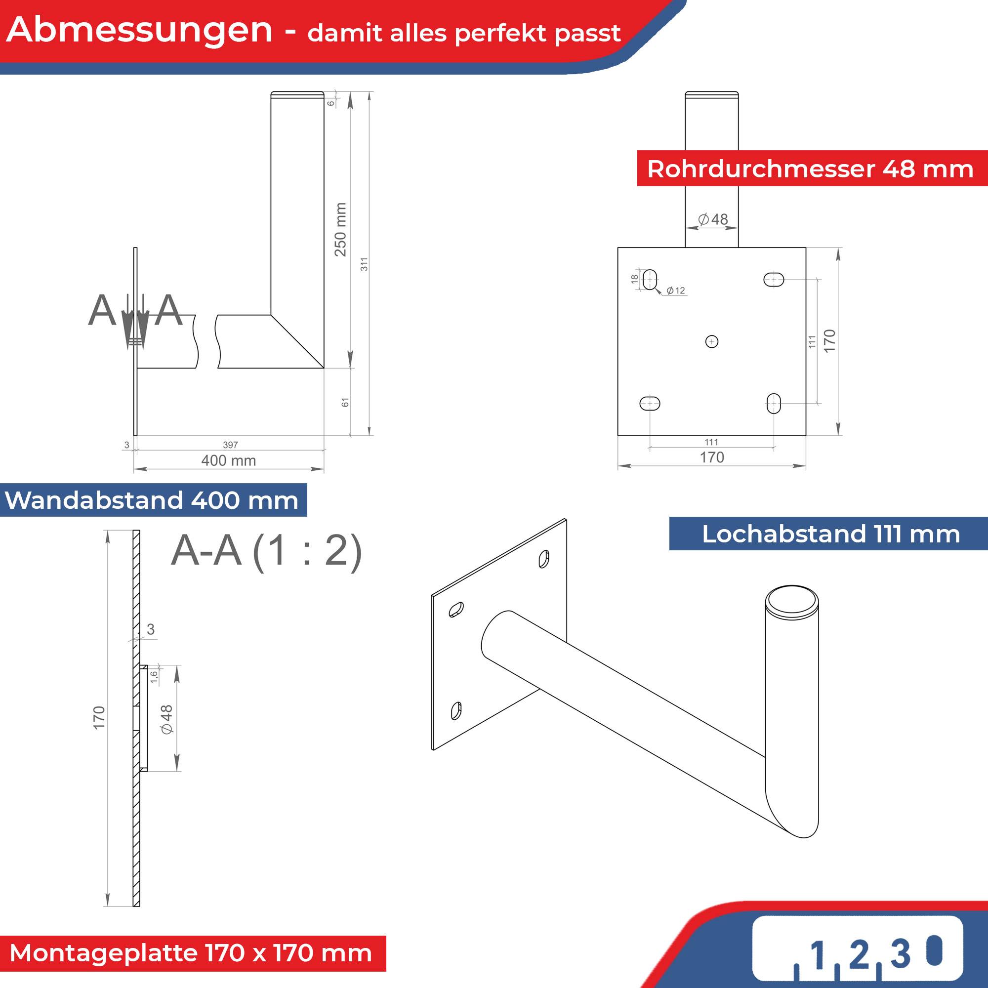 PremiumX 35-40cm Wandhalter Stahl verzinkt Ø 48mm Winkel Wand-Halterung für Satelliten-Schüssel SAT-Antenne