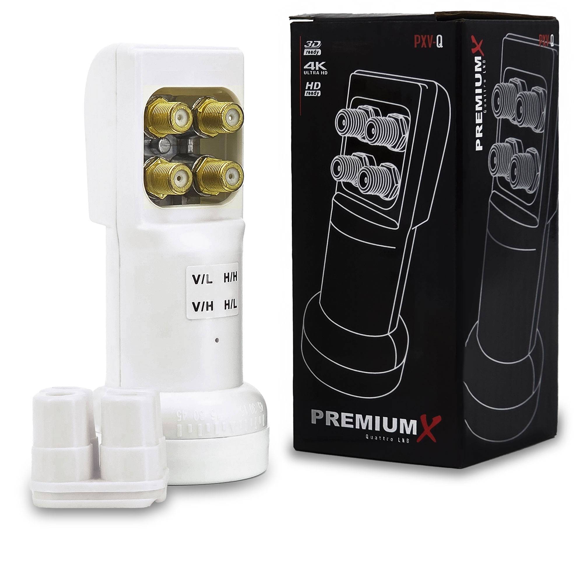 PremiumX Quattro LNB PXV-Q Satelliten Empfangskopf Sat 0,1dB für Multischalter HDTV Full HD 3D 4K inkl. Wetterschutz