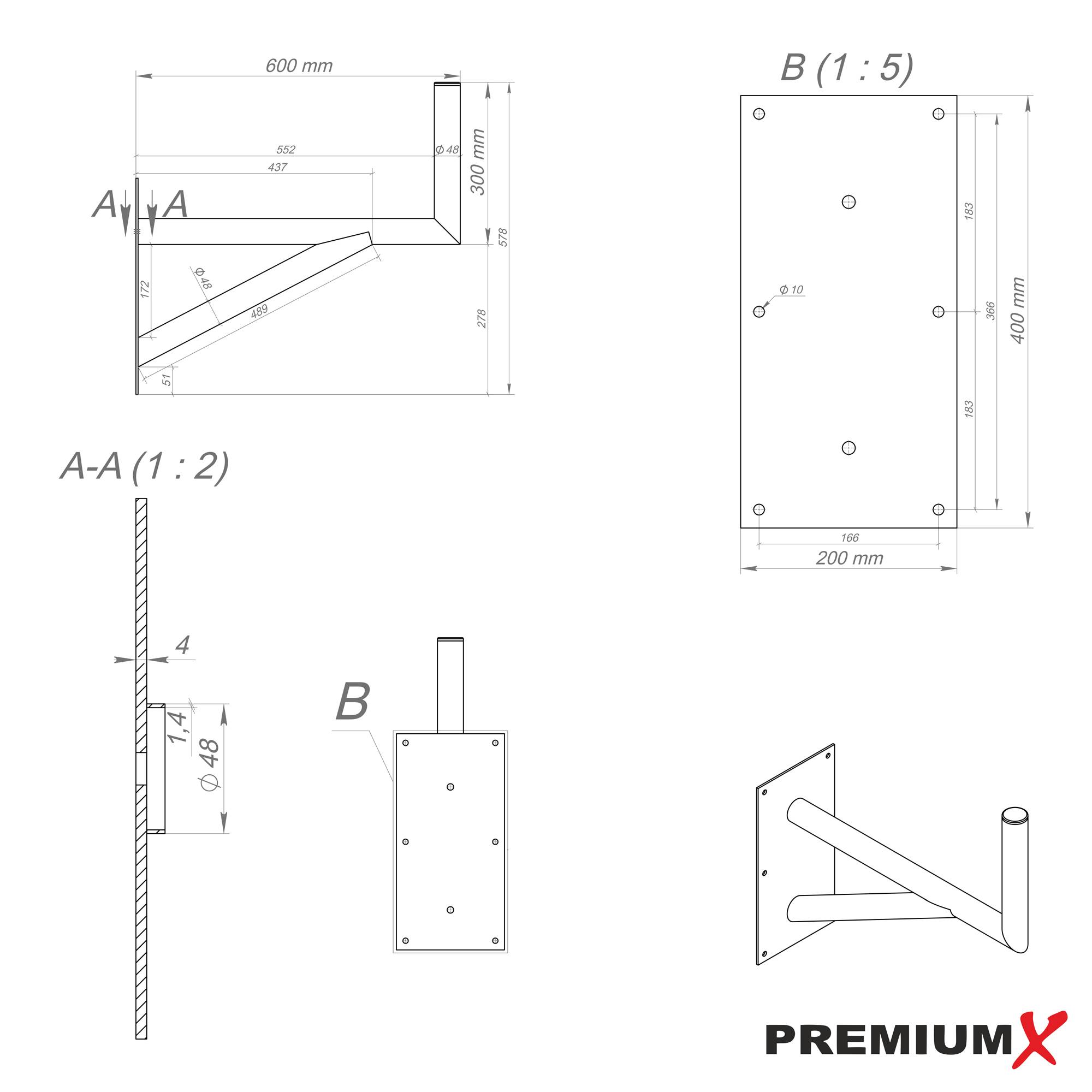 PremiumX 60cm Wandhalter mit Stützelement Stahl verzinkt Ø 48mm Winkel Wand-Halterung für Satelliten-Schüssel SAT-Antenne