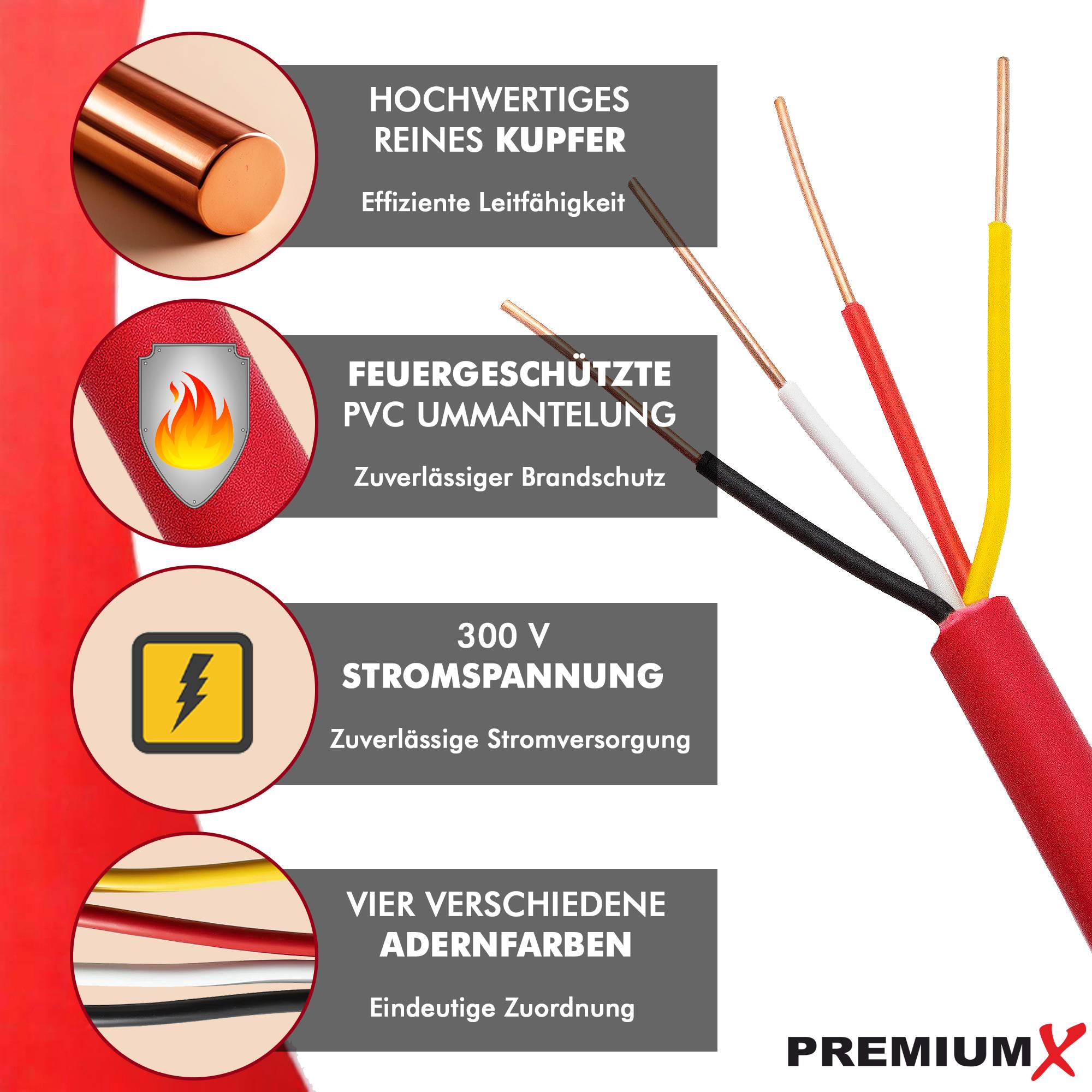 PremiumX 100m Brandmeldekabel BMK J-Y(ST)Y 2x2x0,8 Eca Fernmeldekabel rot Fernmeldeleitung Brandmeldeleitung