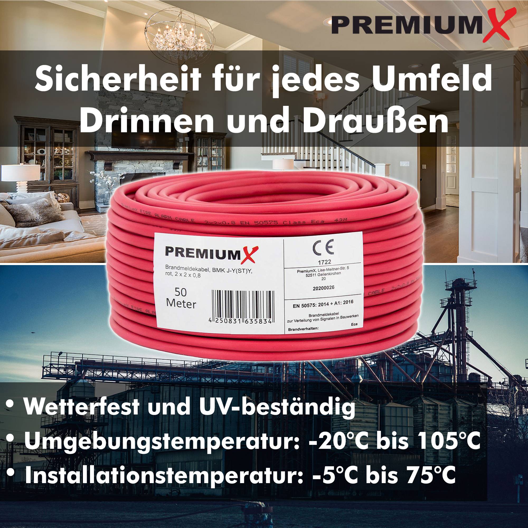 PremiumX 100m Brandmeldekabel BMK J-Y(ST)Y 2x2x0,8 Eca Fernmeldekabel rot Fernmeldeleitung Brandmeldeleitung