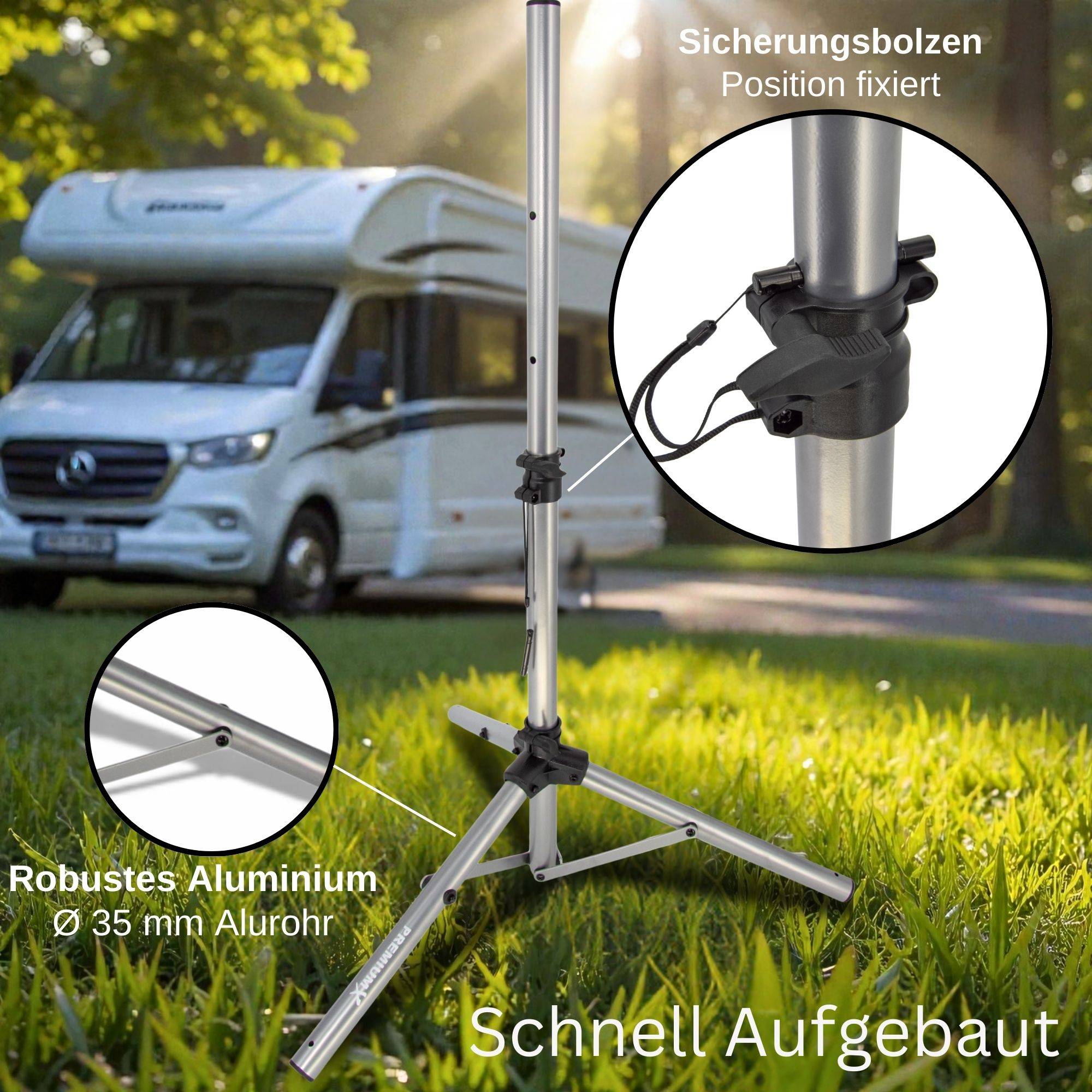 PremiumX 120cm SAT Dreibein Stativ Aluminium Ø 35mm – Bombensicherer Stand inkl. Bodenheringe – Robustes Camping Tripod für Satellitenschüssel