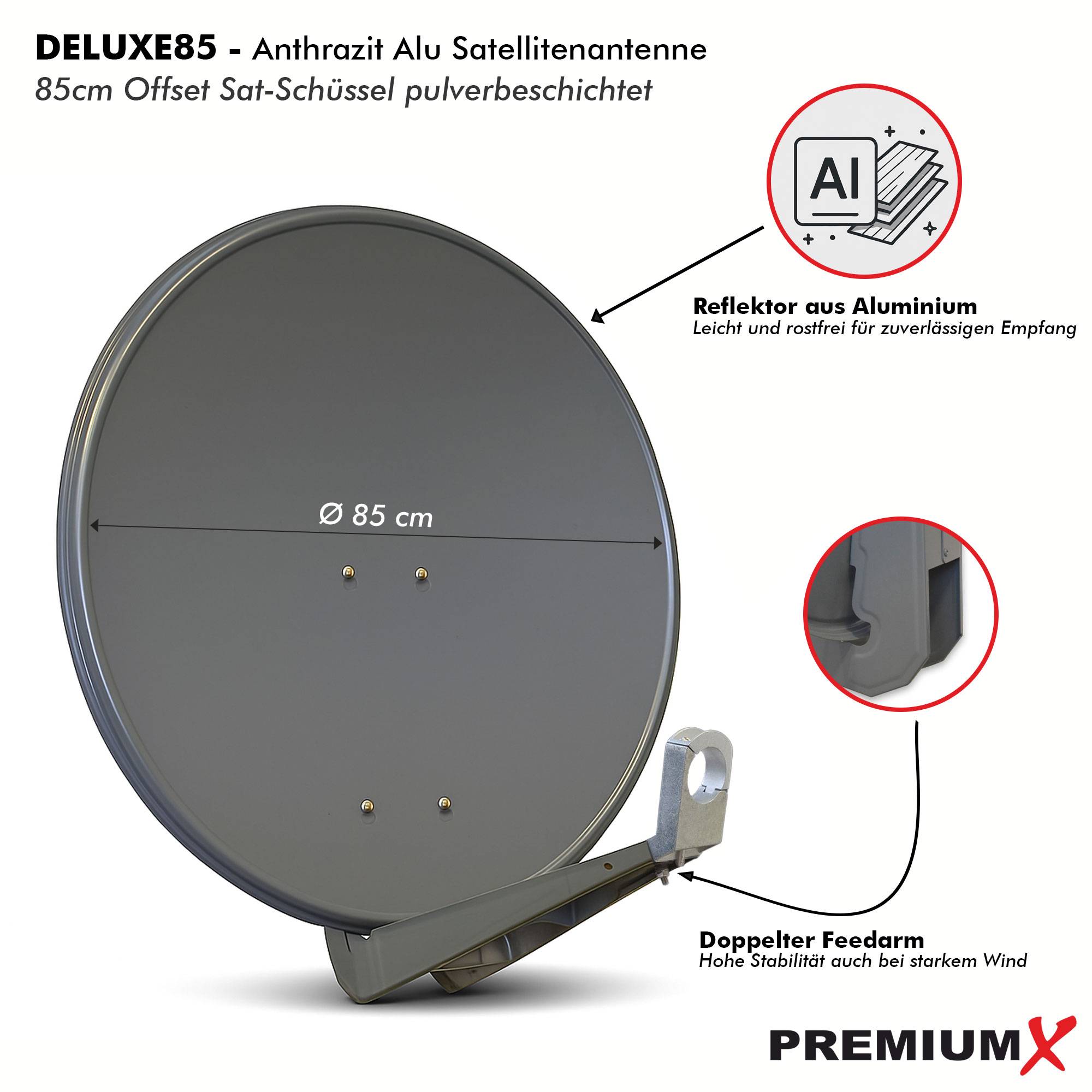 PremiumX DELUXE85 Satellitenschüssel 85 cm Sat Schüssel aus Aluminium in Anthrazit Offset Satelliten Antenne FullHD 4K UltraHD