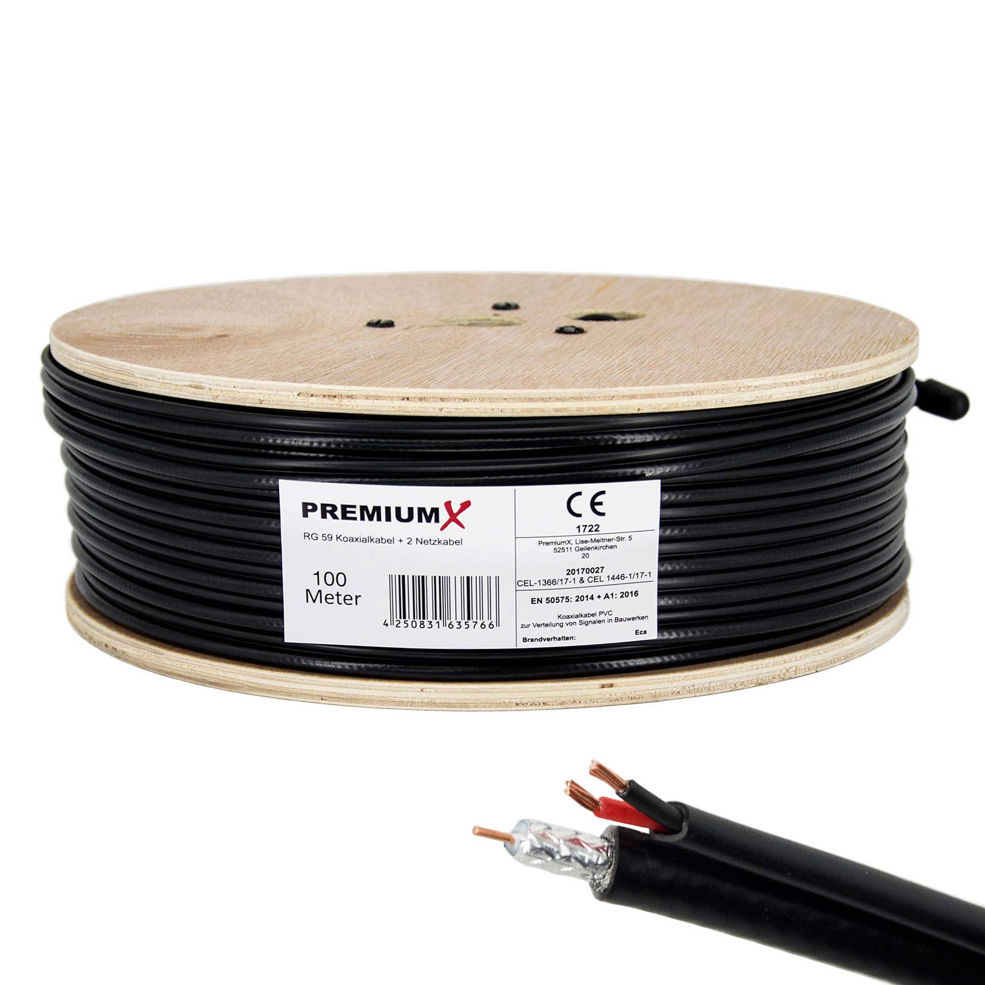 PremiumX 100m RG59 Koaxialkabel + 2 Netzkabel Eca Videobild und Stromversorgung Kombi Koaxkabel/Strom Video-Kabel für Videoüberwachung Überwachungs