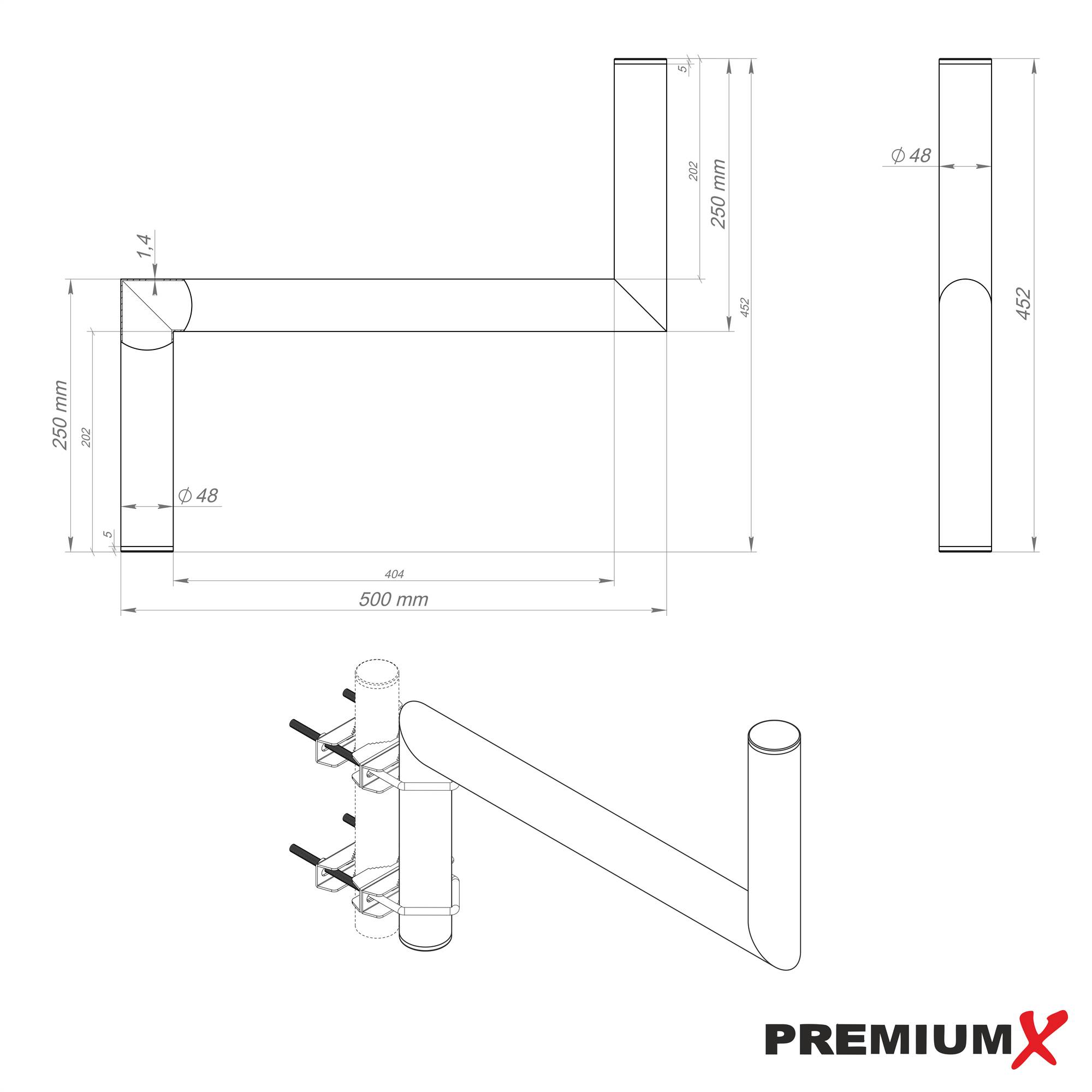PremiumX Z-Ausleger 50cm Ø 48mm Stahl mit Schellen Antennen-Mast Ausleger Z-Form SAT-Spiegel Halterung für Satellitenschüssel